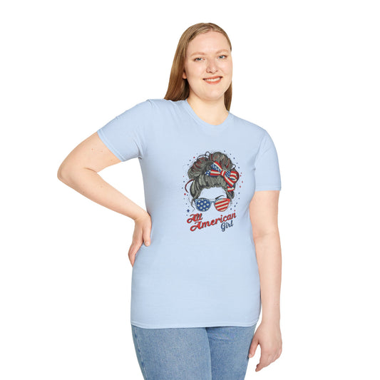 #250 "All American Girl" Patriotic Messy Bun T-Shirt