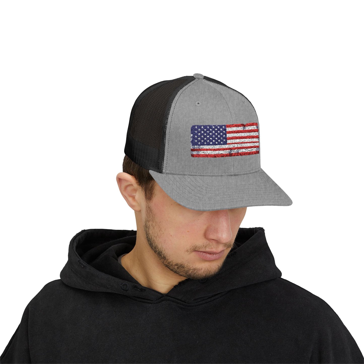 #250 Distressed American Flag Snapback Trucker Cap