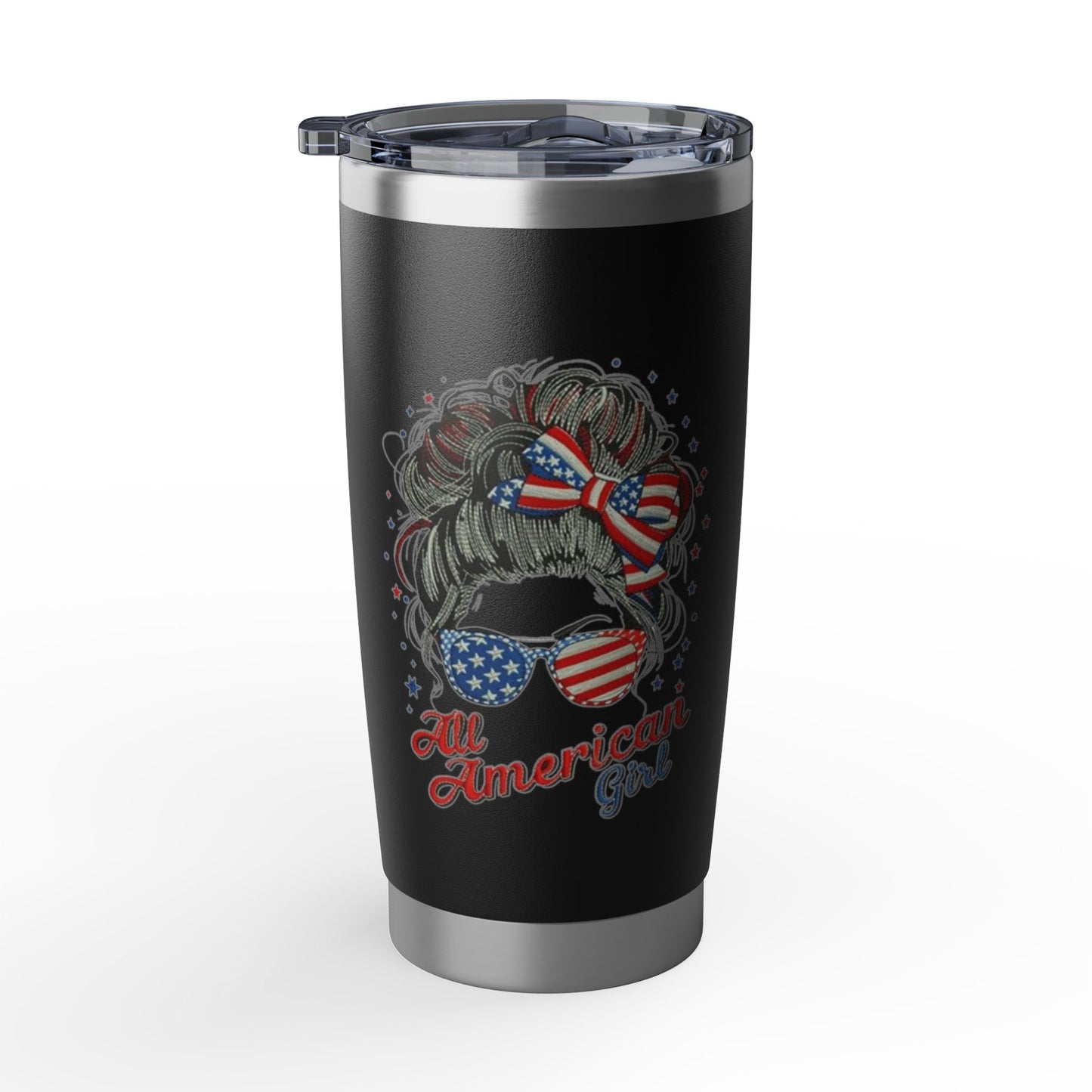 #250 "All American Girl" Patriotic Messy Bun 20oz Stainless Travel Tumbler 'Vagabond'