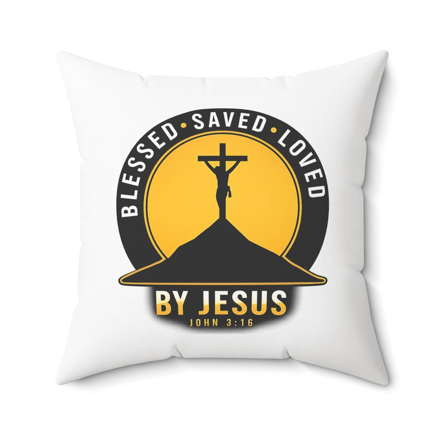 Blessed • Saved • Loved by Jesus Square Pillow — Christian Faith Decor (John 3:16)