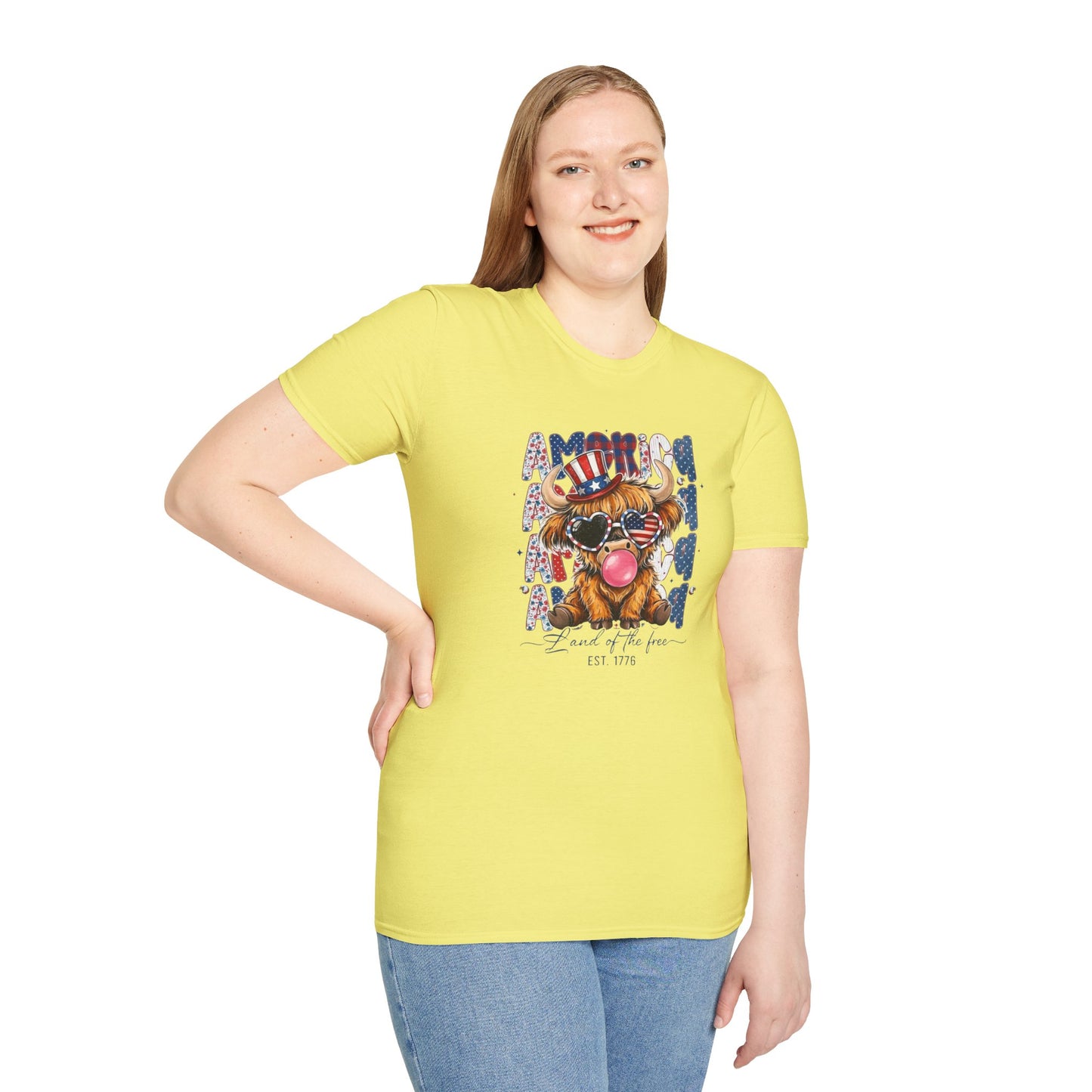 #250 American Flag Bubblegum Patriotic Highland Cow T-Shirt