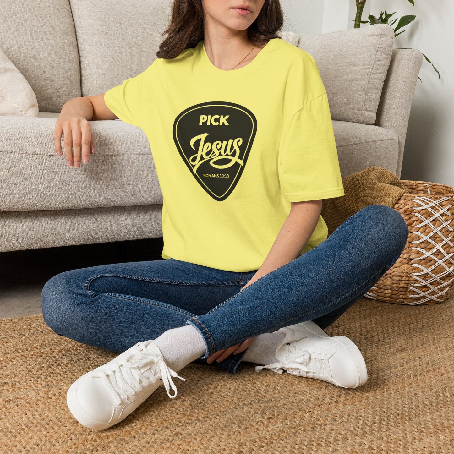 Pick Jesus T-Shirt — Christian Guitar Pick Design (Romans 10:13)
