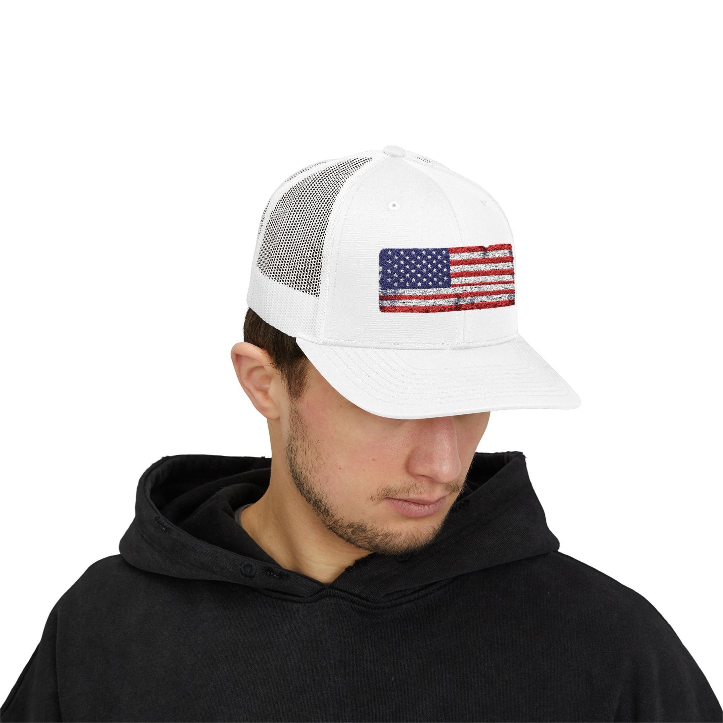 #250 Distressed American Flag Snapback Trucker Cap