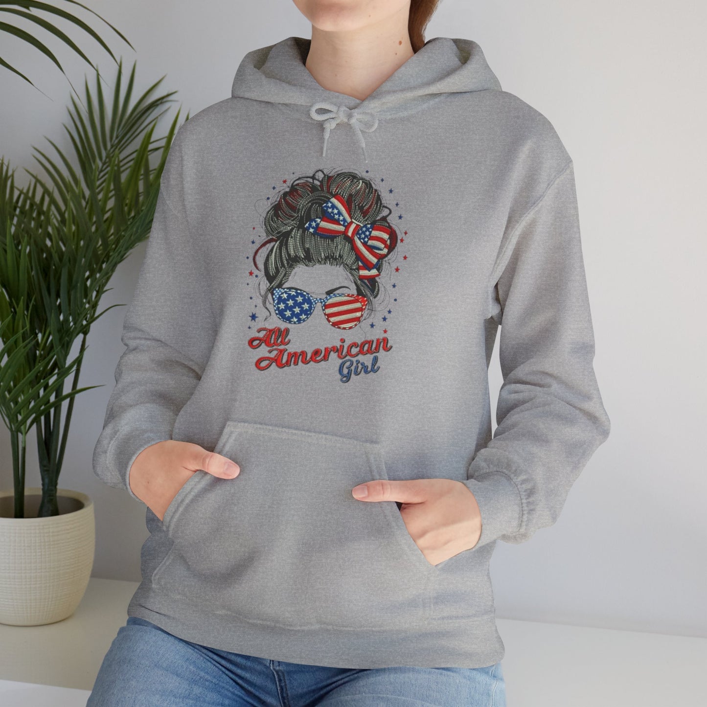 #250 "All American Girl" Patriotic Messy Bun Hoodie