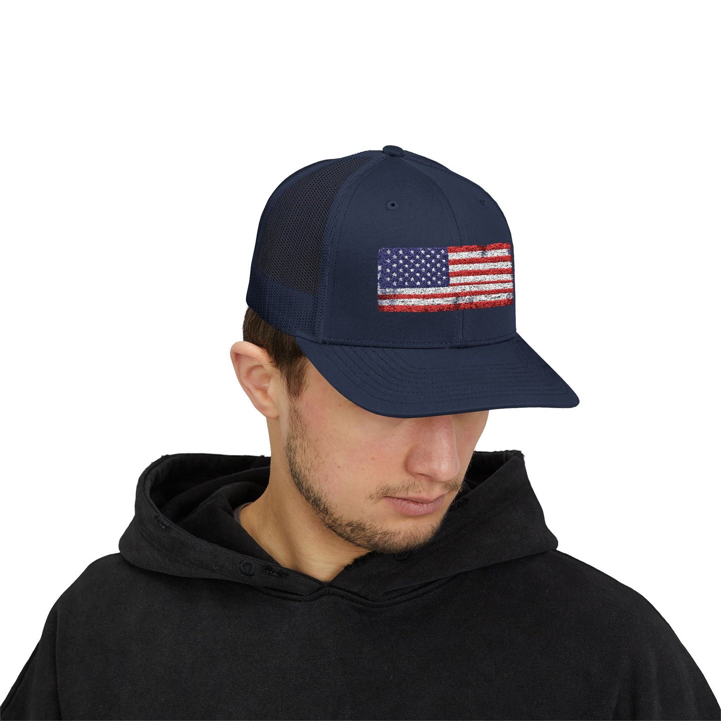 #250 Distressed American Flag Snapback Trucker Cap