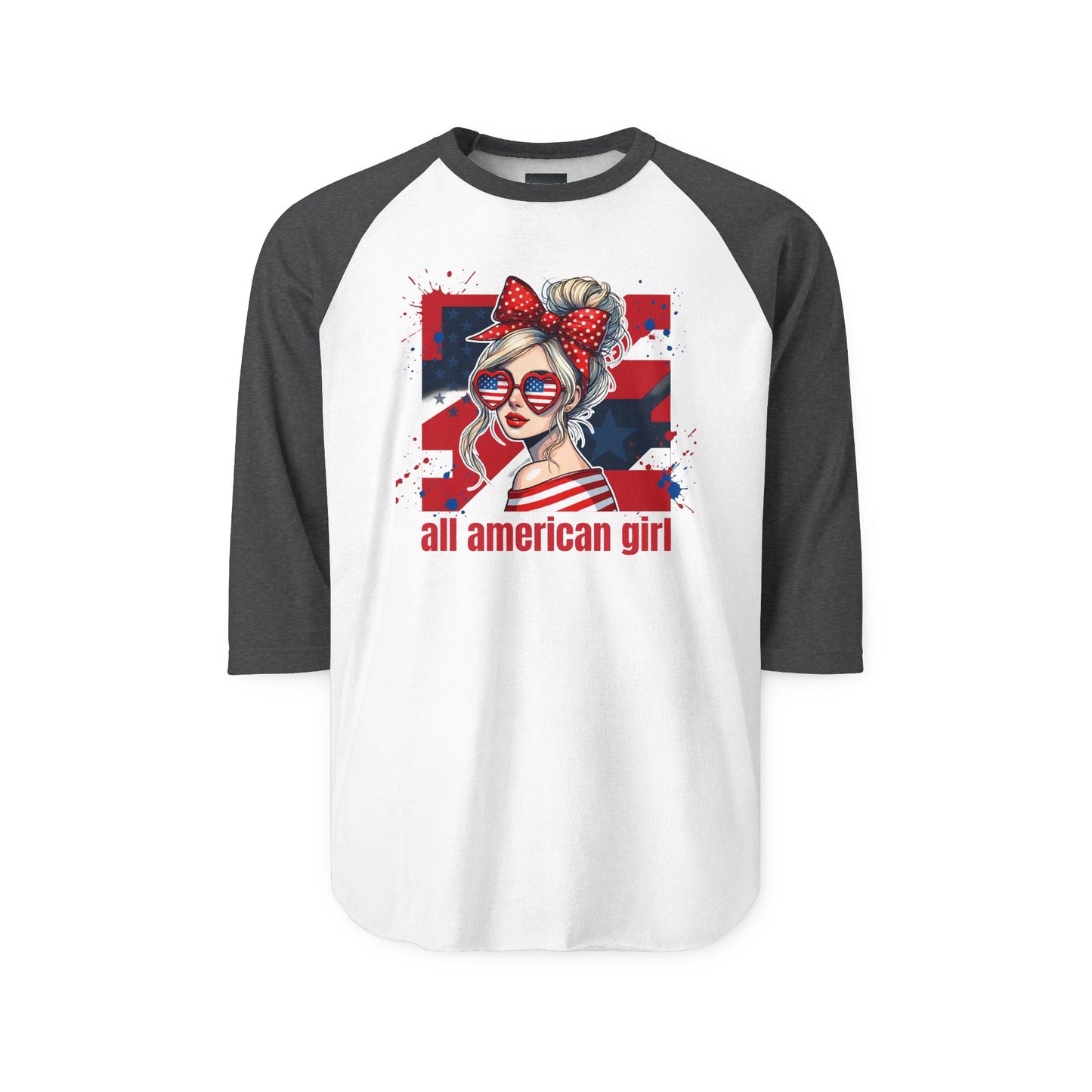 #250 All American Girl Patriotic Raglan 3/4 Sleeve Baseball Tee