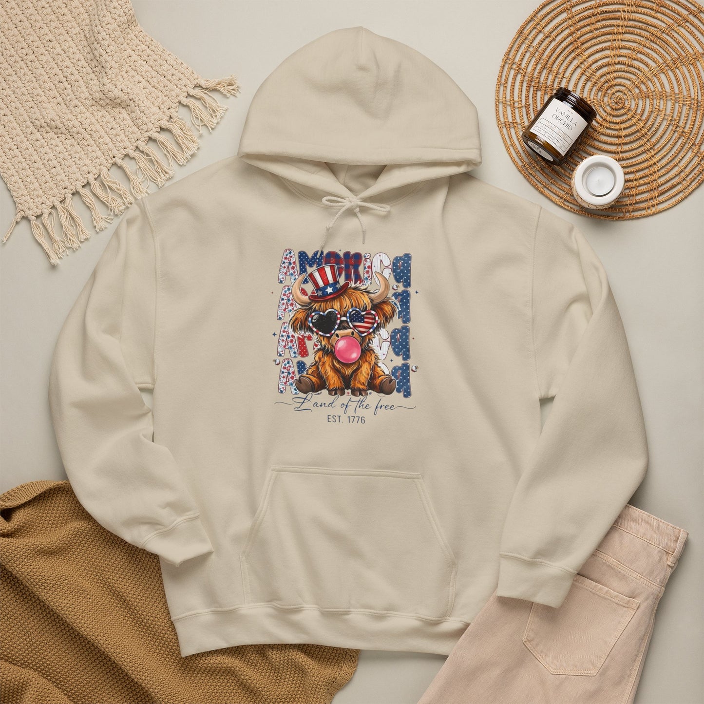 #250 American Flag Bubblegum Patriotic Highland Cow Hoodie