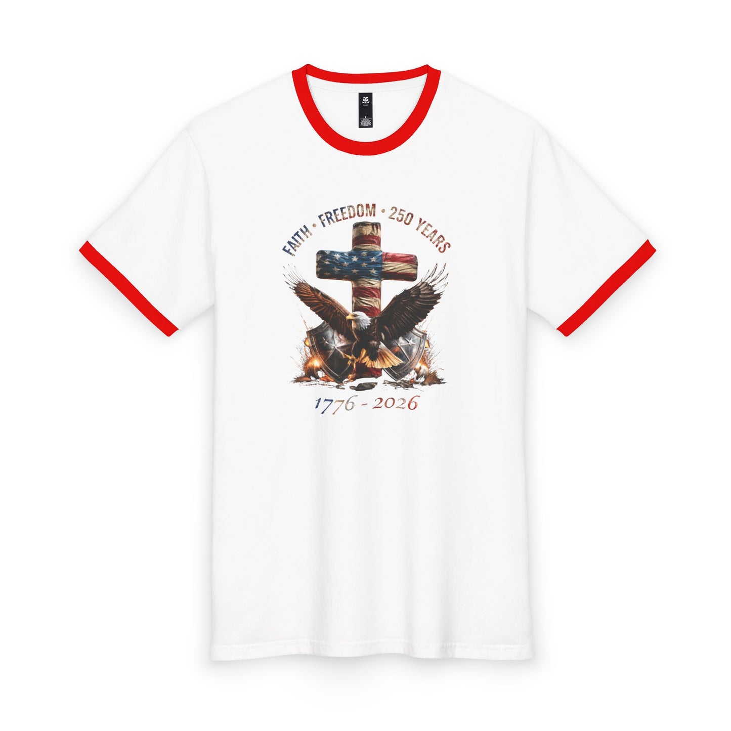 #250 Faith • Freedom 250 Years American Flag Cross & Eagle 1776-2026 Ringer Tee
