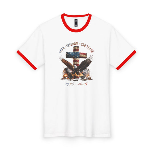 #250 Faith • Freedom 250 Years American Flag Cross & Eagle 1776-2026 Ringer Tee