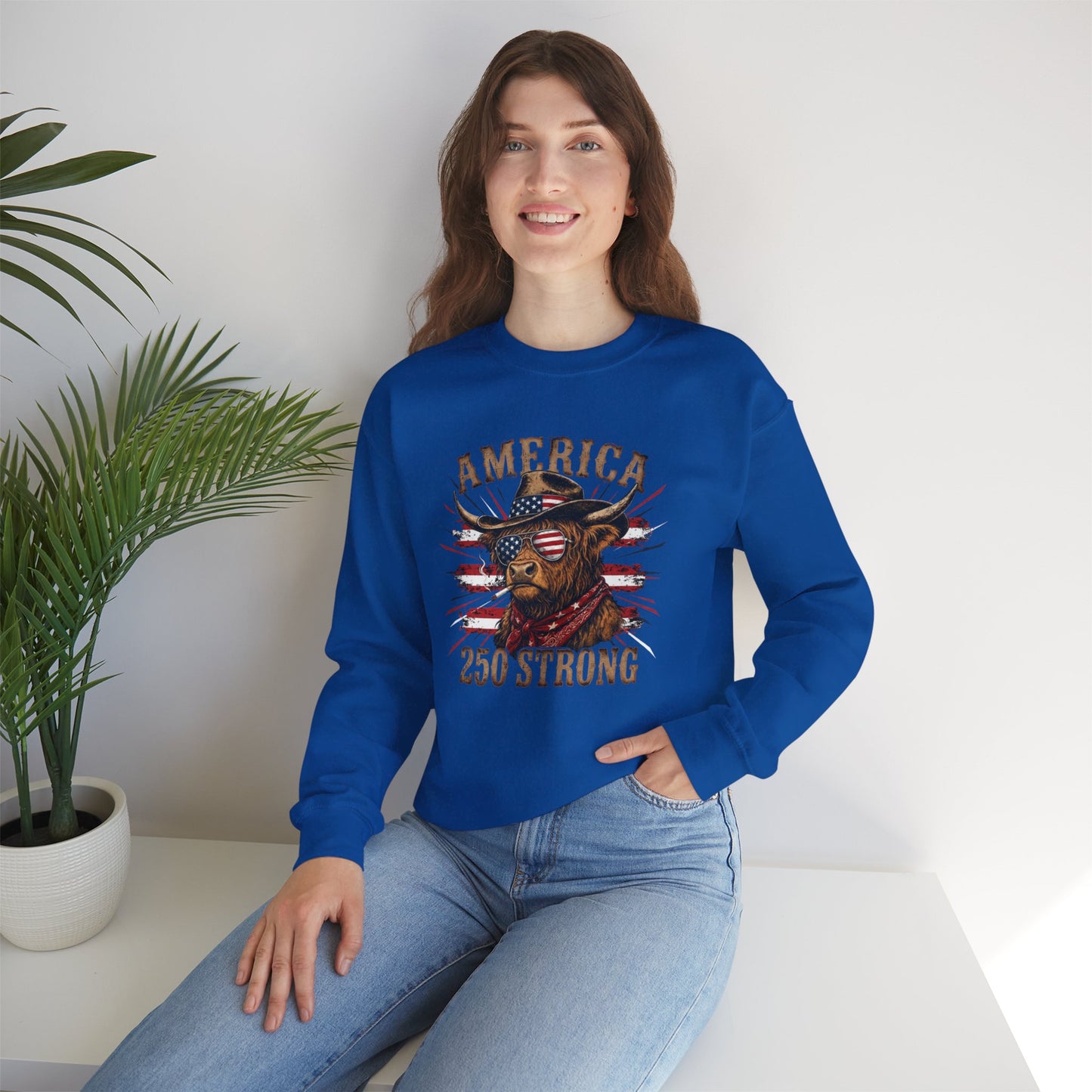 #250 America 250 Strong Patriotic Bull with American Flag Sweatshirt