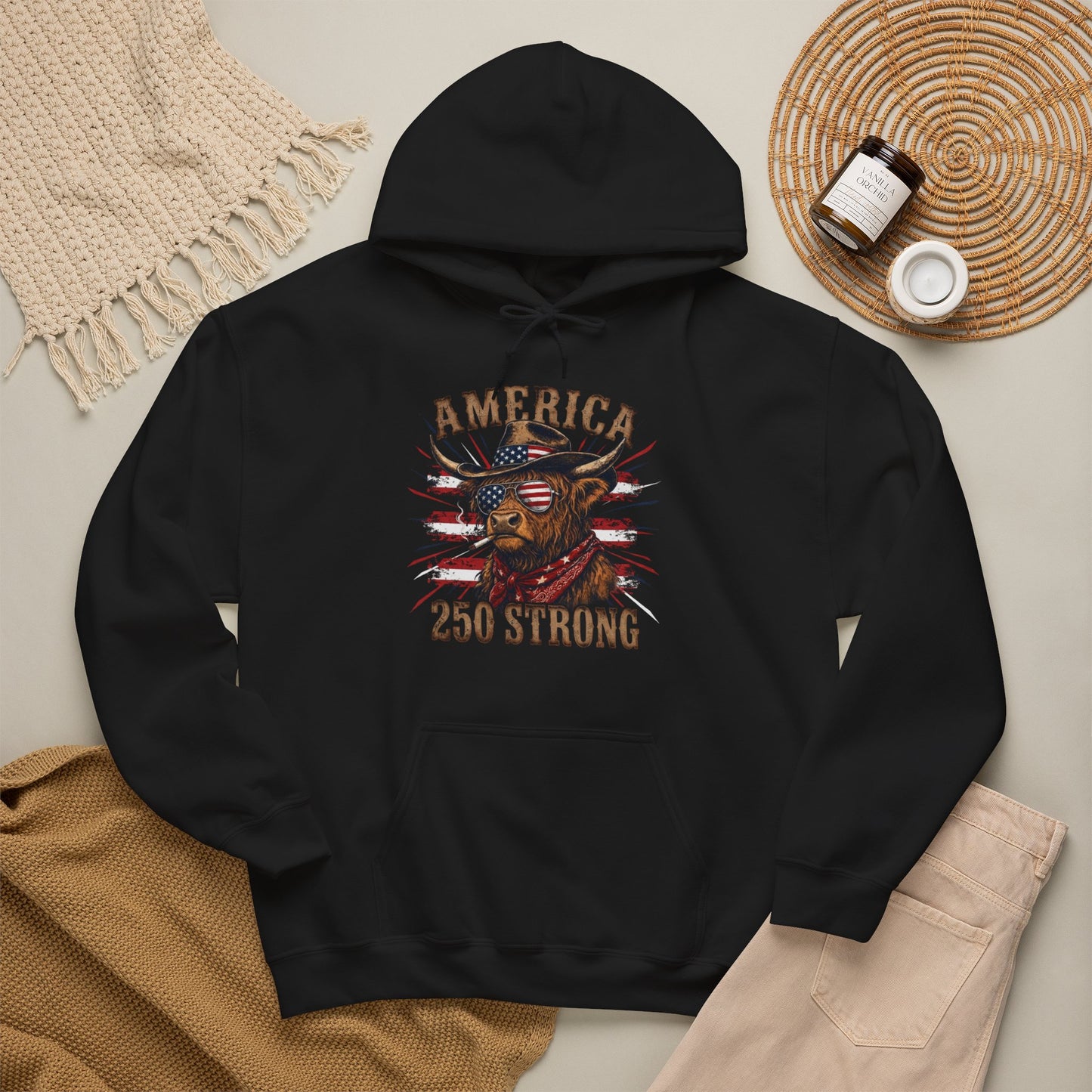 #250 America 250 Strong Patriotic Bull with American Flag Hoodie