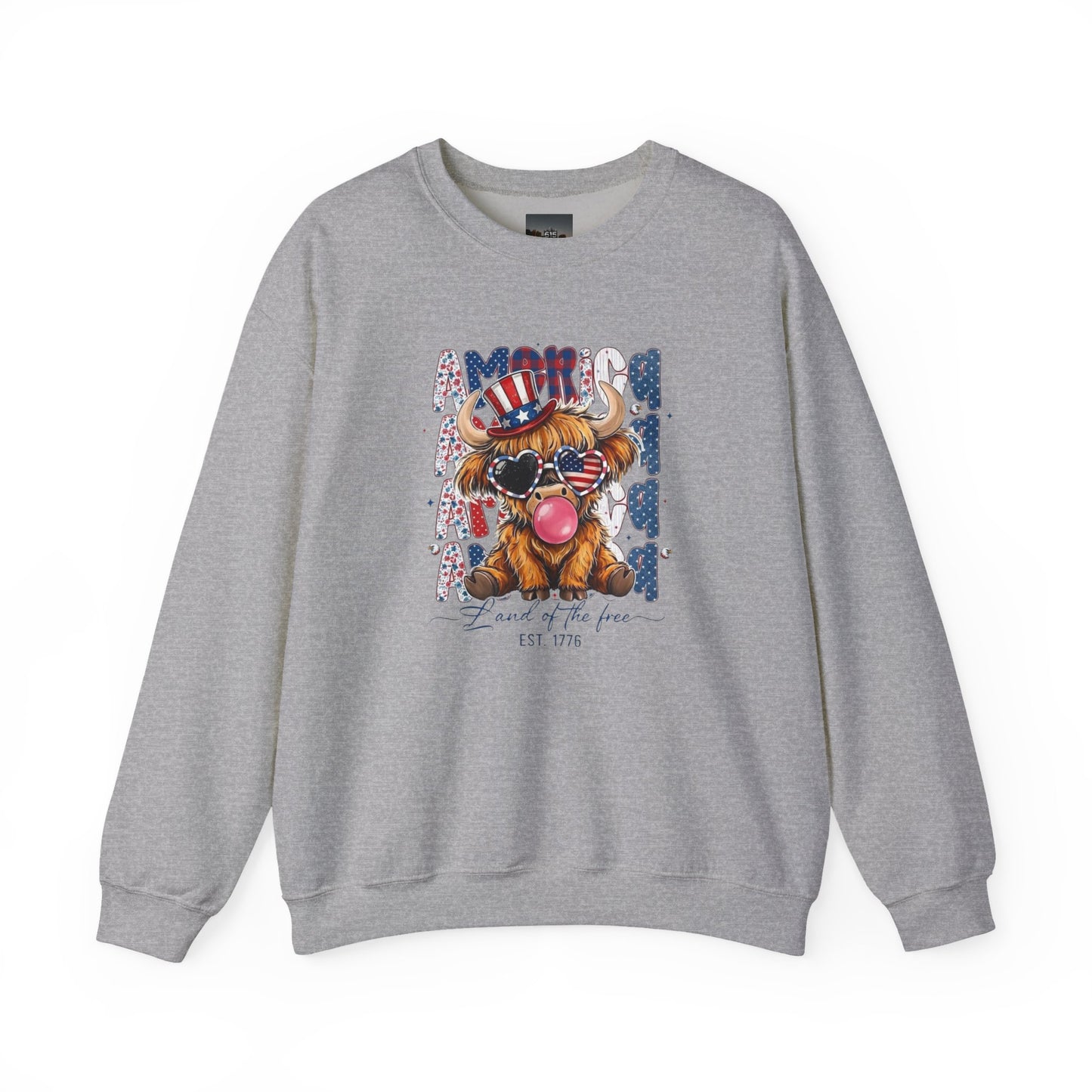 #250 American Flag Bubblegum Patriotic Highland Cow Sweatshirt