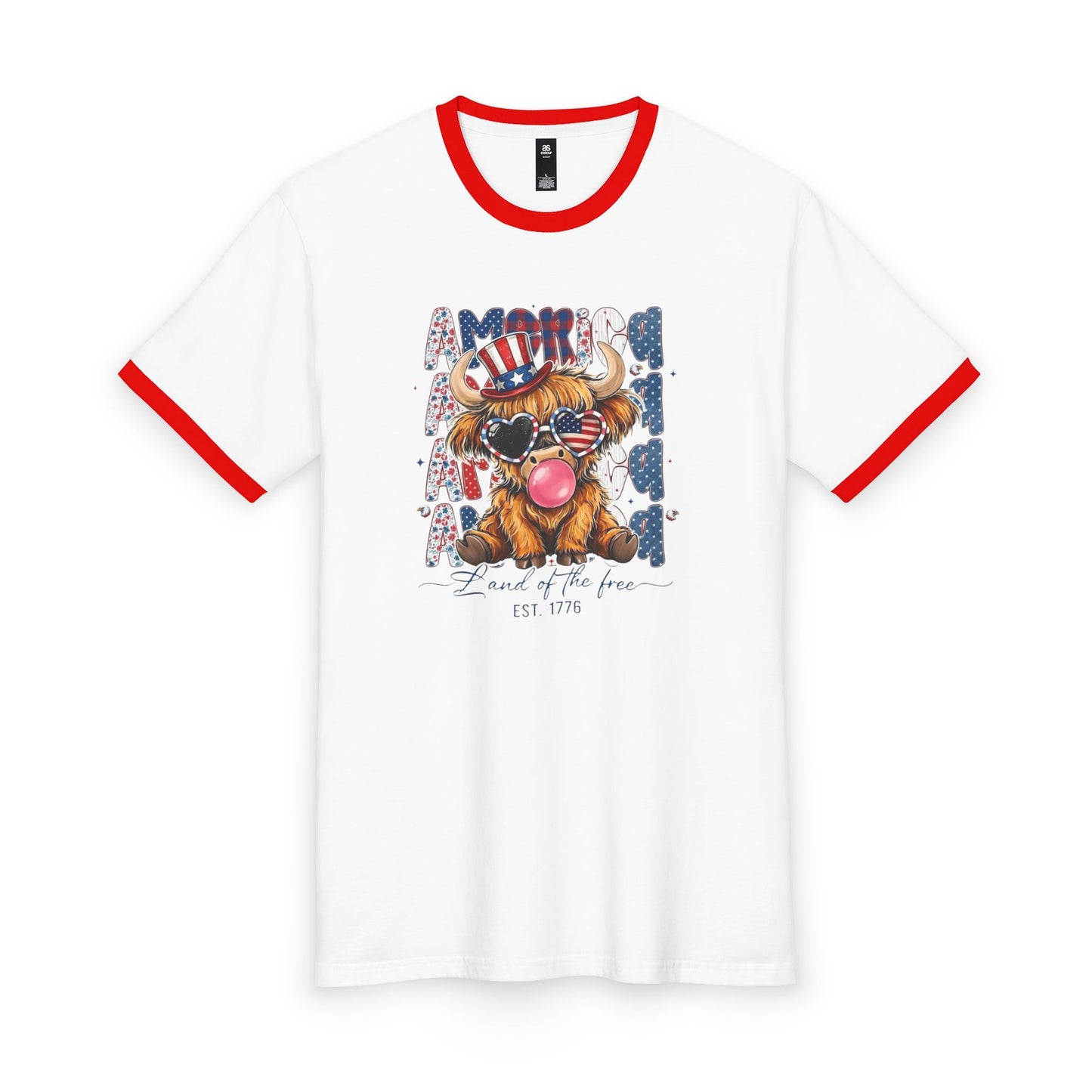 #250 American Flag Bubblegum Patriotic Highland Cow Ringer Tee