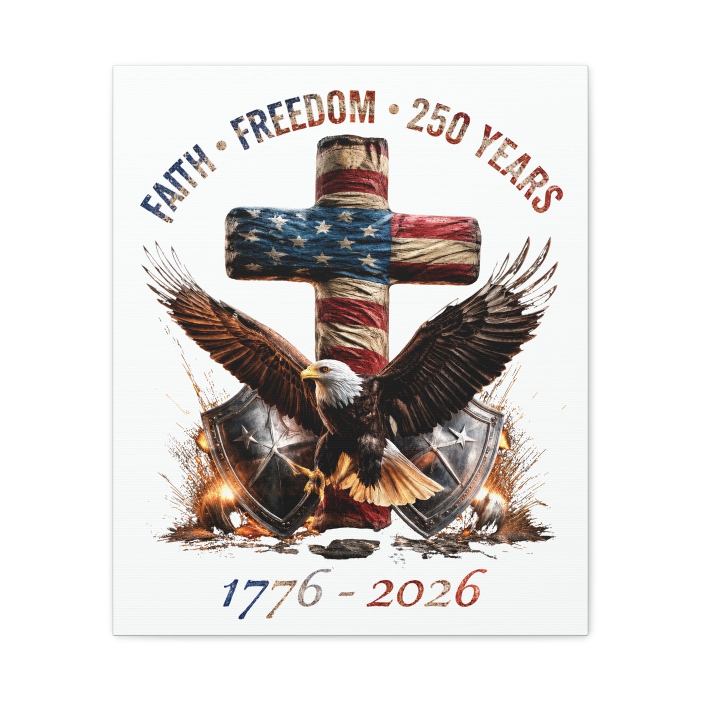 #250 Faith • Freedom 250 Years American Flag Cross & Eagle 1776-2026 Matte Canvas Wall Art