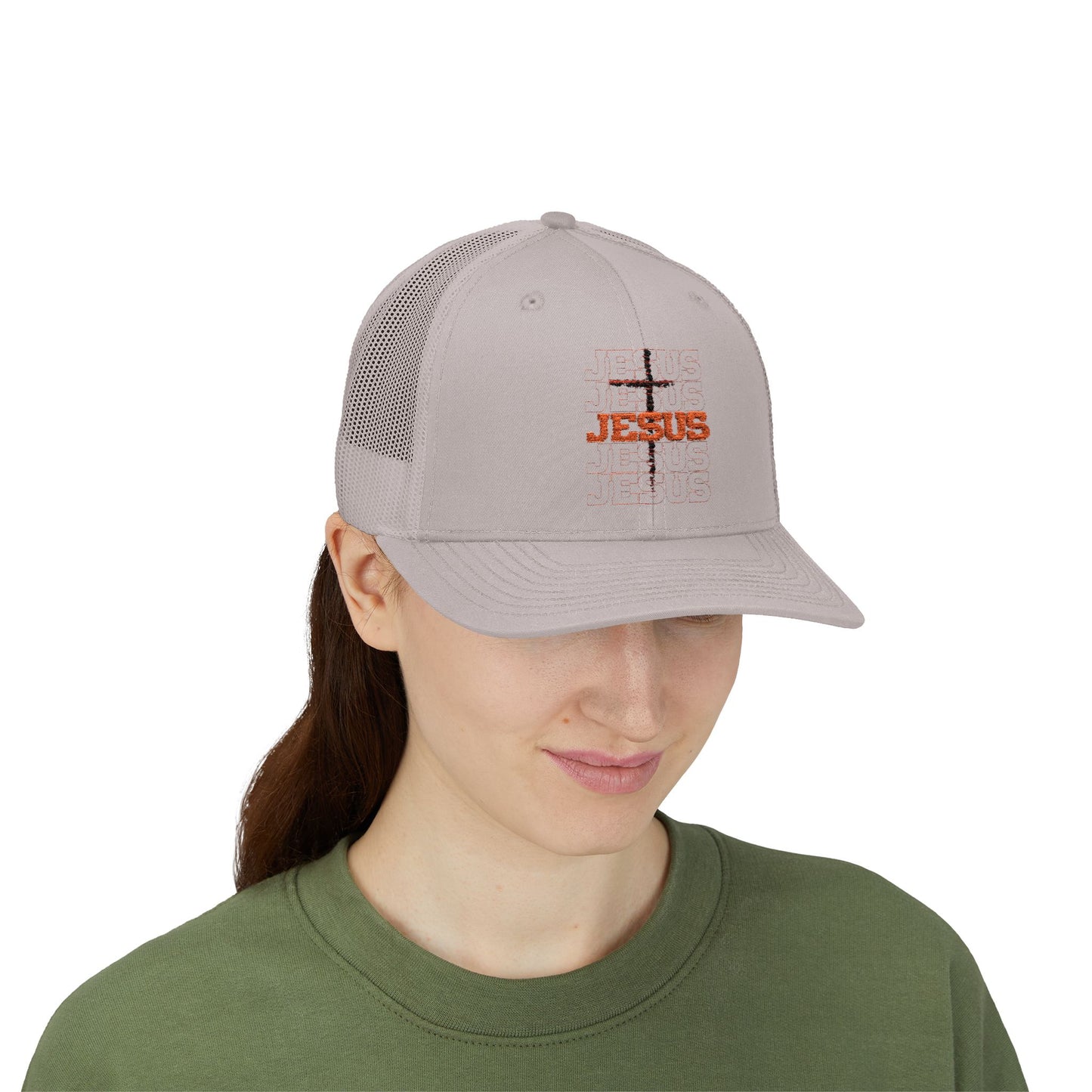 Jesus Cross Red Text Black Cross Graphic Trucker Cap — Faith-Based Snapback Hat