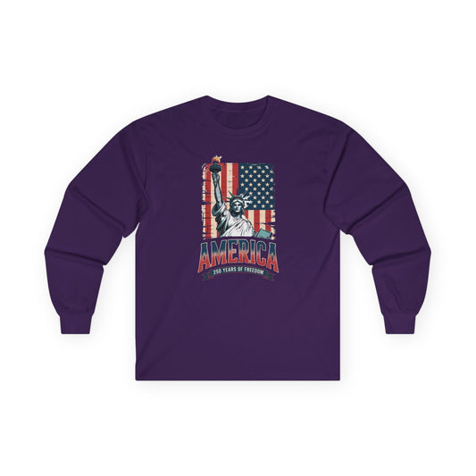 #250 Statue of Liberty American Flag 'America' Patriotic Independence Day Long Sleeve Tee