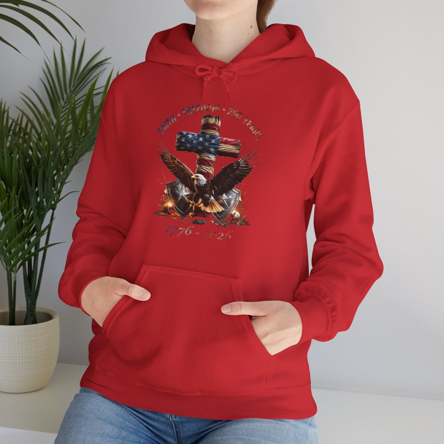 #250 Faith • Freedom 250 Years American Flag Cross & Eagle 1776-2026 Hoodie