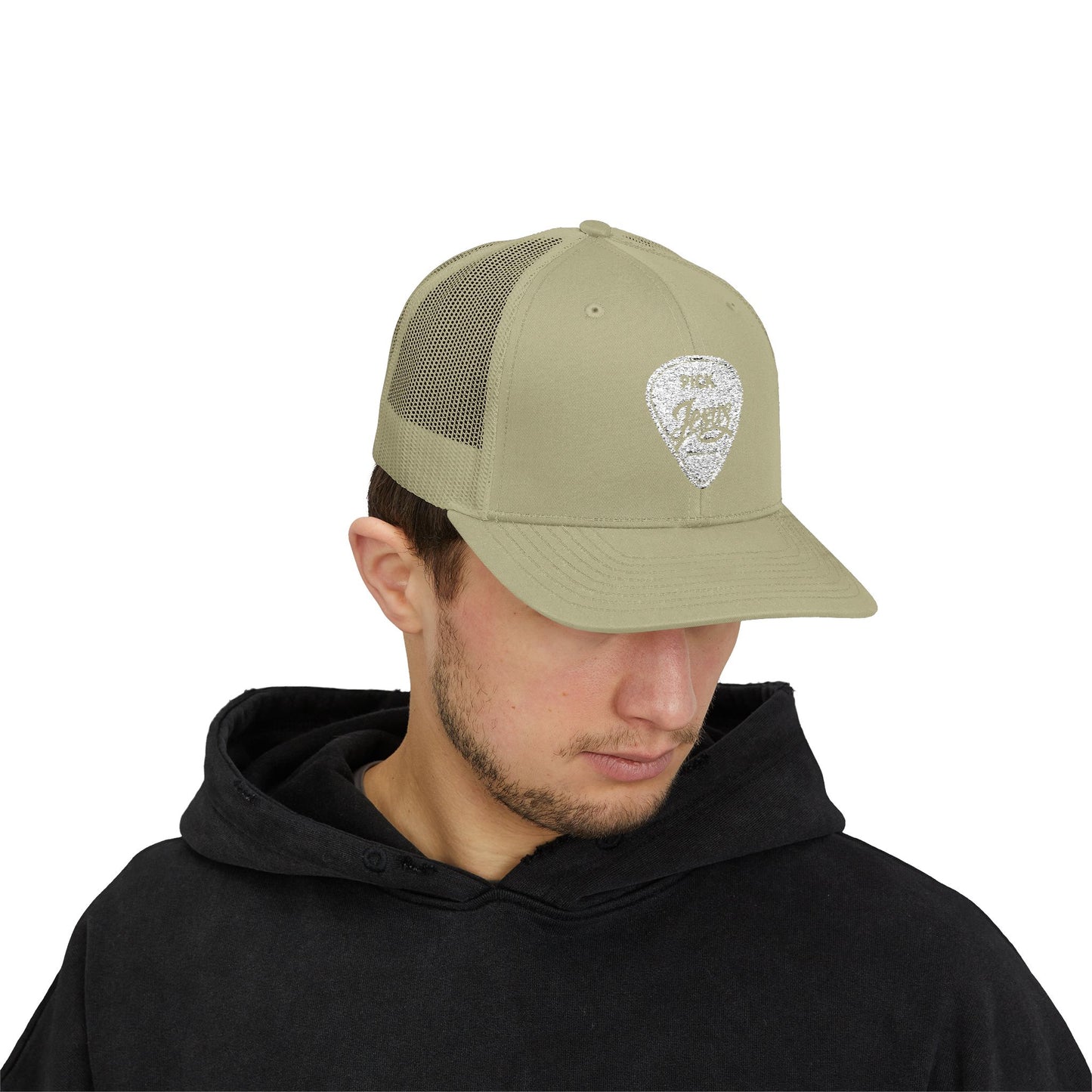 Pick Jesus Guitar Pick Snapback Trucker Cap Christian Guitar Pick Design (Romans 10:13)