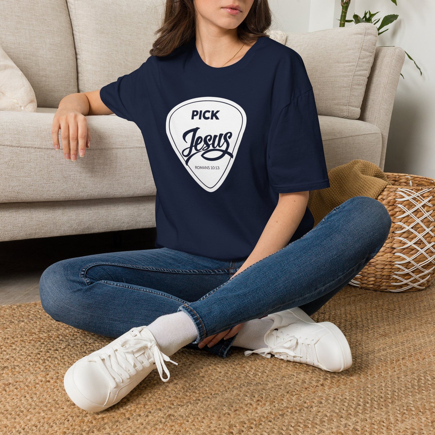 Pick Jesus T-Shirt — Christian Guitar Pick Design (Romans 10:13)