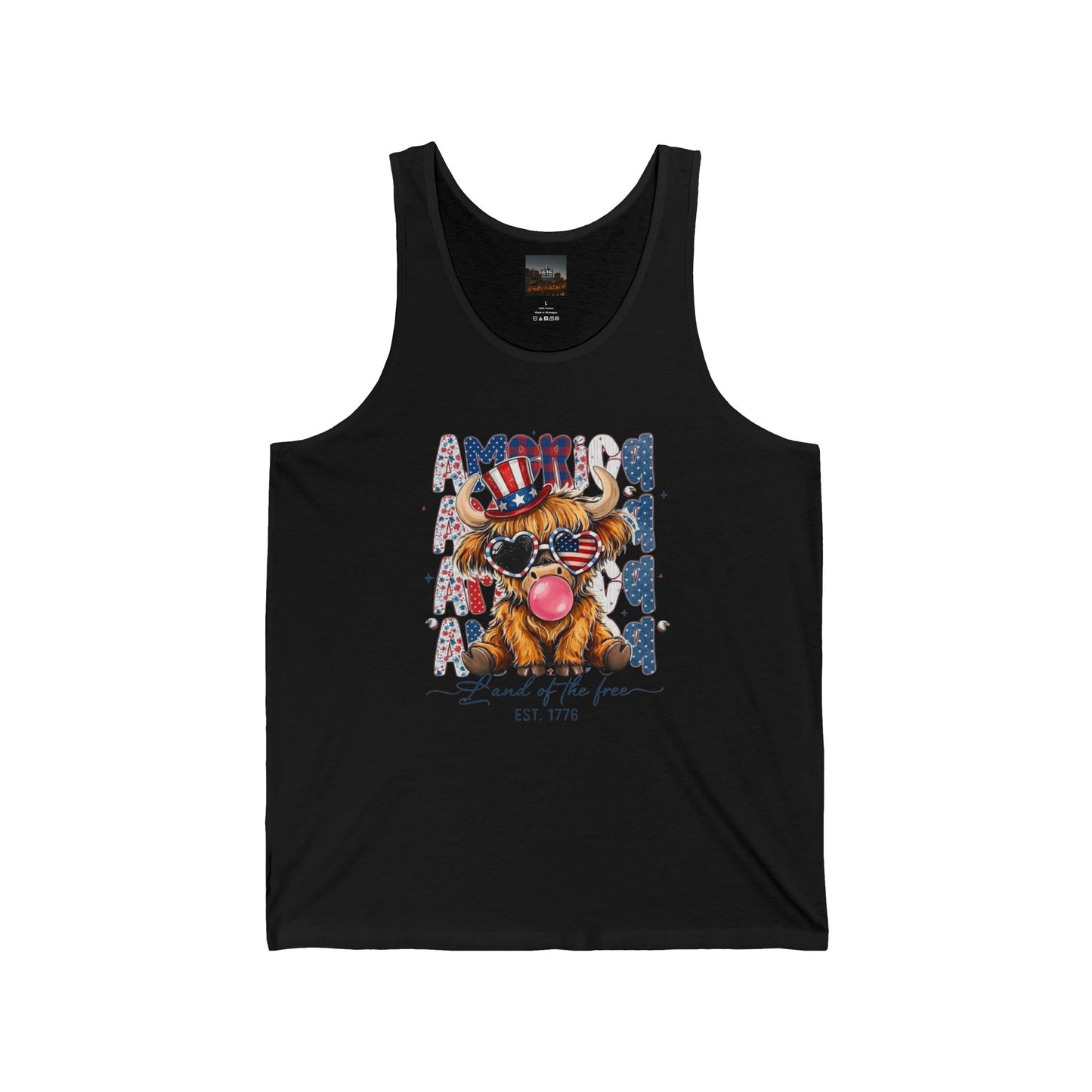 #250 American Flag Bubblegum Patriotic Highland Cow Tank Top