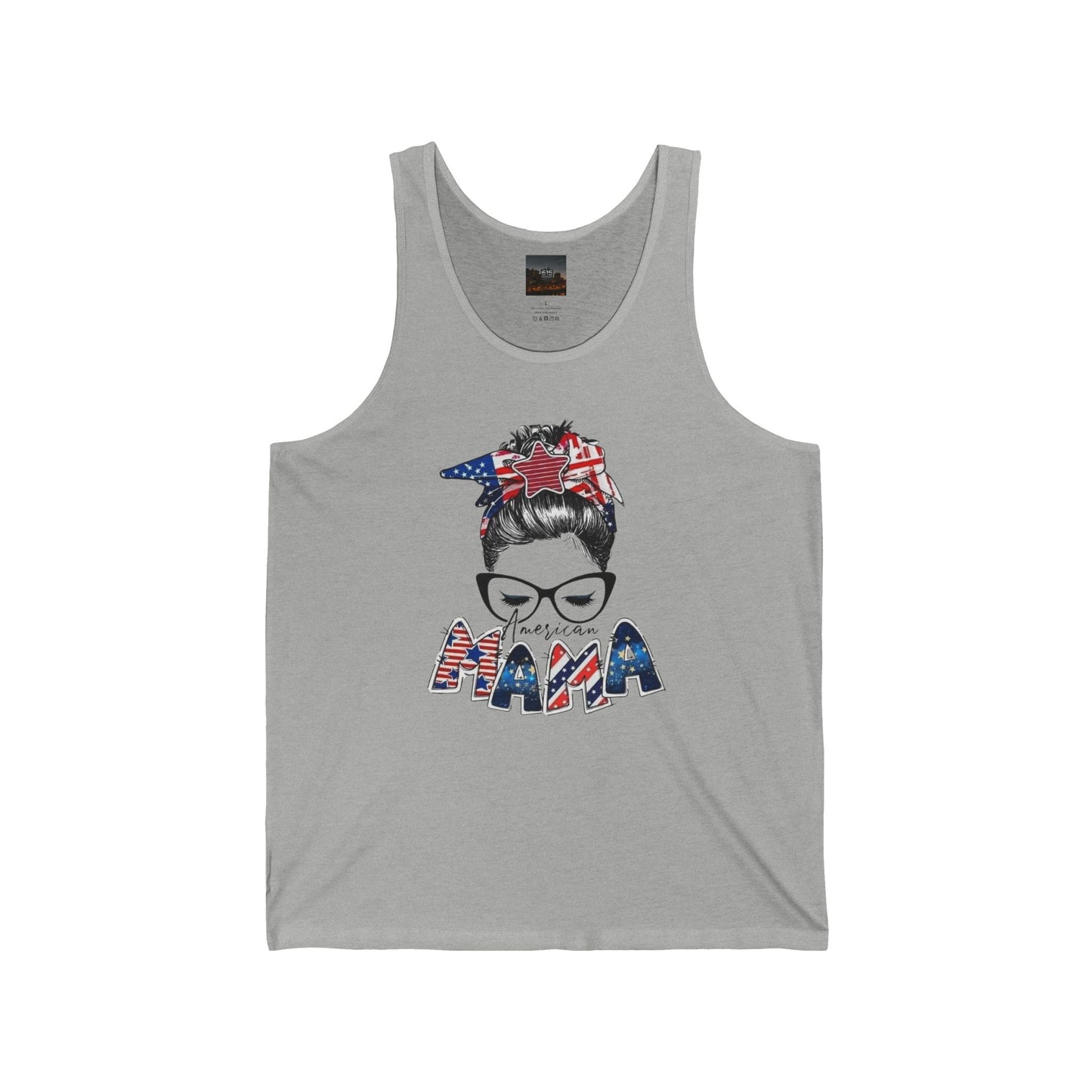 #250 Mama USA Flag Messy Bun Tank Top