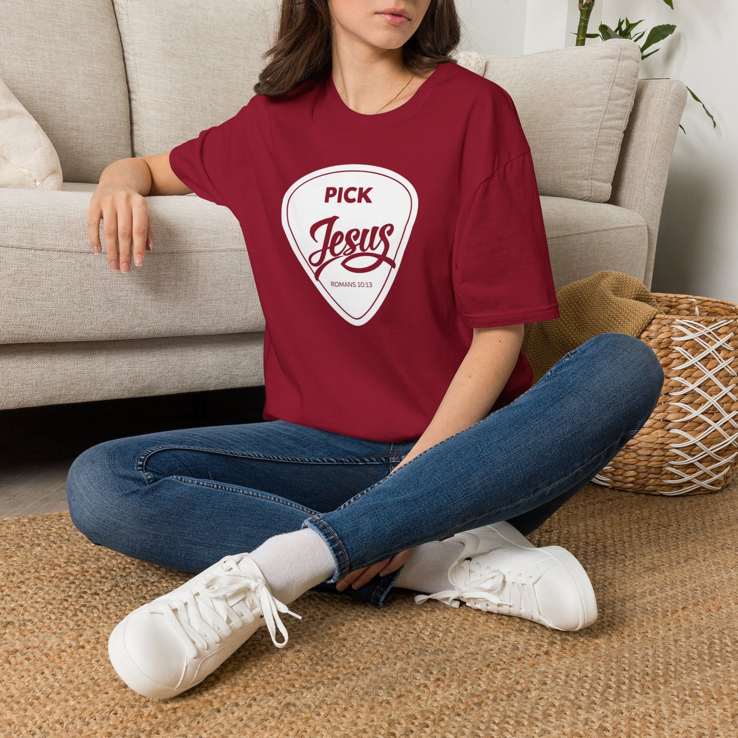 Pick Jesus T-Shirt — Christian Guitar Pick Design (Romans 10:13)