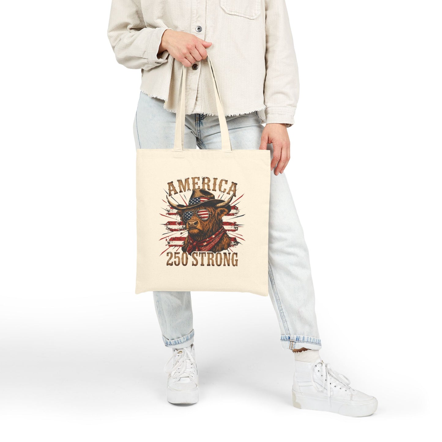 #250 America 250 Strong Patriotic Bull with American Flag Canvas Tote Bag