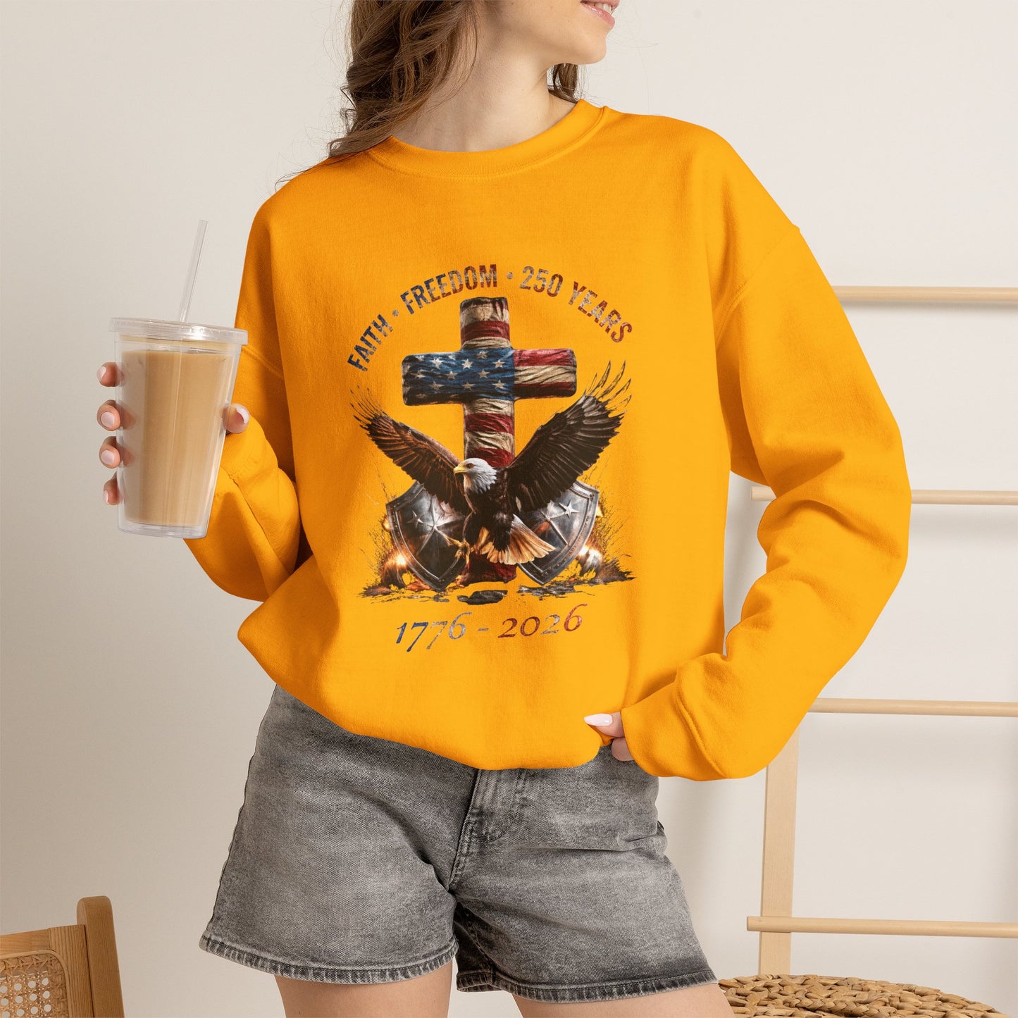 #250 Faith • Freedom 250 Years American Flag Cross & Eagle 1776-2026 Crewneck Sweatshirt