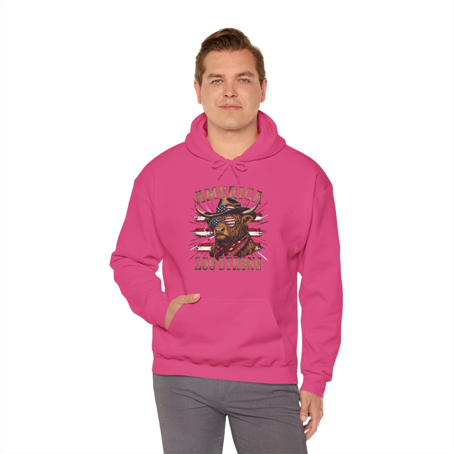 #250 America 250 Strong Patriotic Bull with American Flag Hoodie