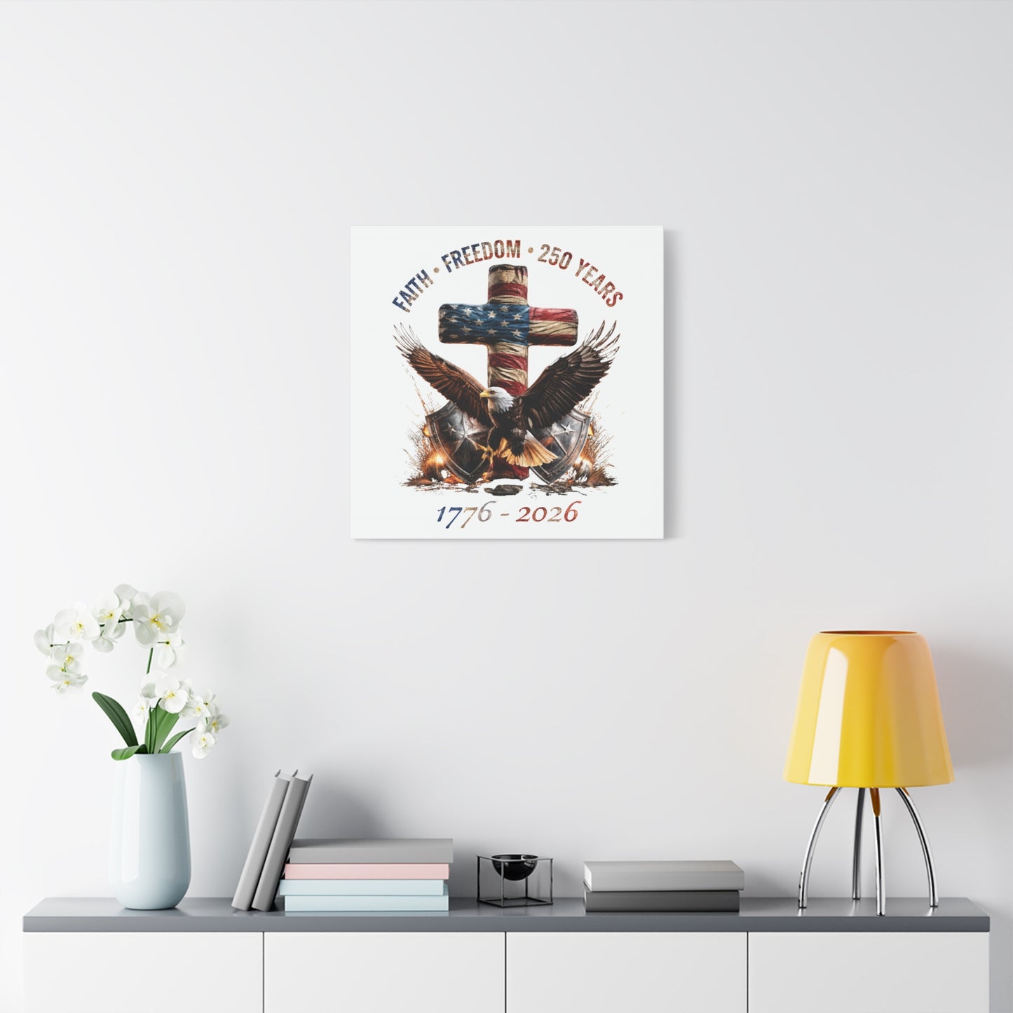 #250 Faith • Freedom 250 Years American Flag Cross & Eagle 1776-2026 Matte Canvas Wall Art