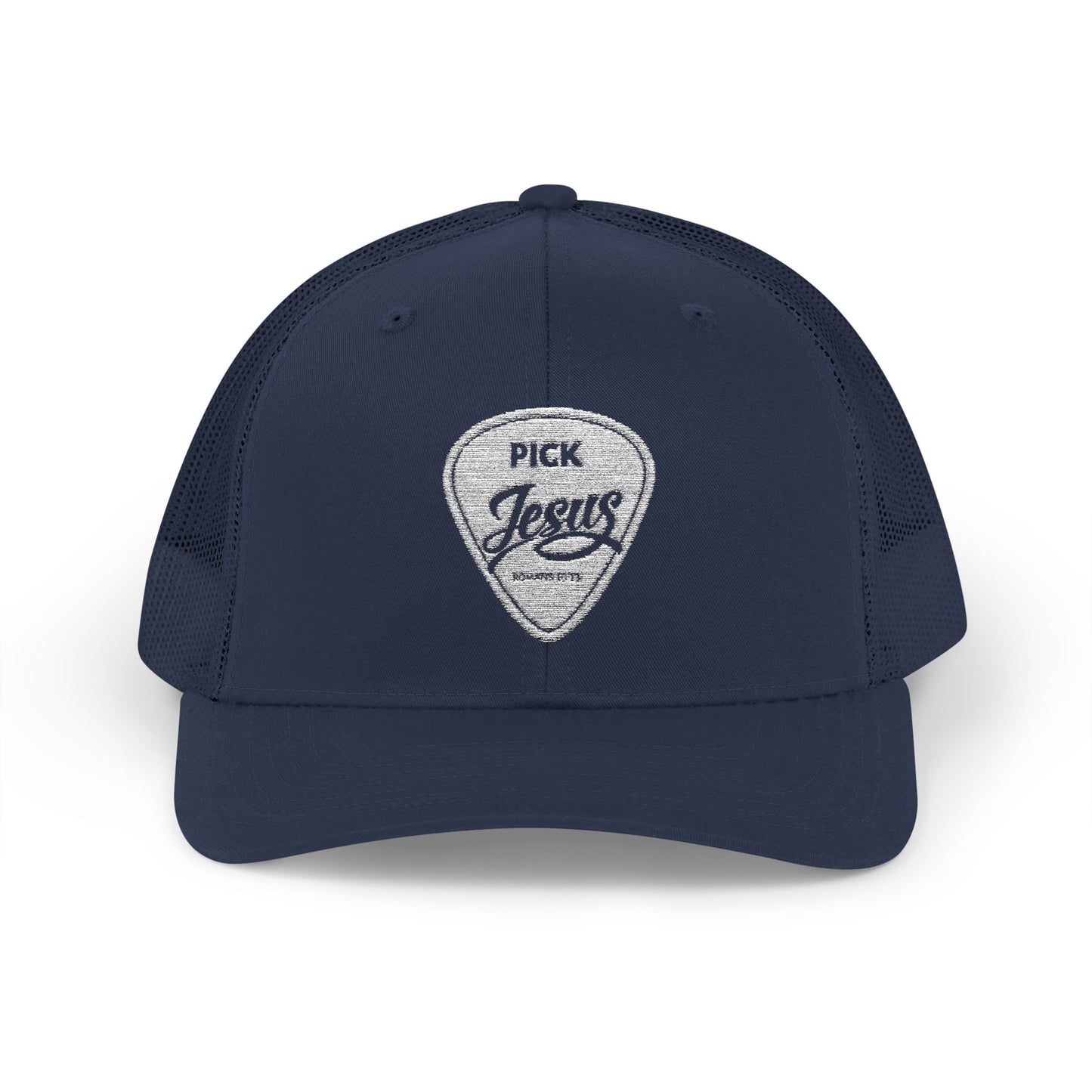 Pick Jesus Guitar Pick Snapback Trucker Cap Christian Guitar Pick Design (Romans 10:13)