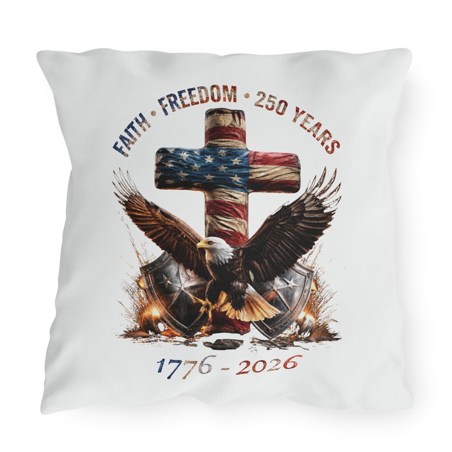 #250 Faith • Freedom 250 Years American Flag Cross & Eagle 1776-2026 Outdoor Throw Pillow