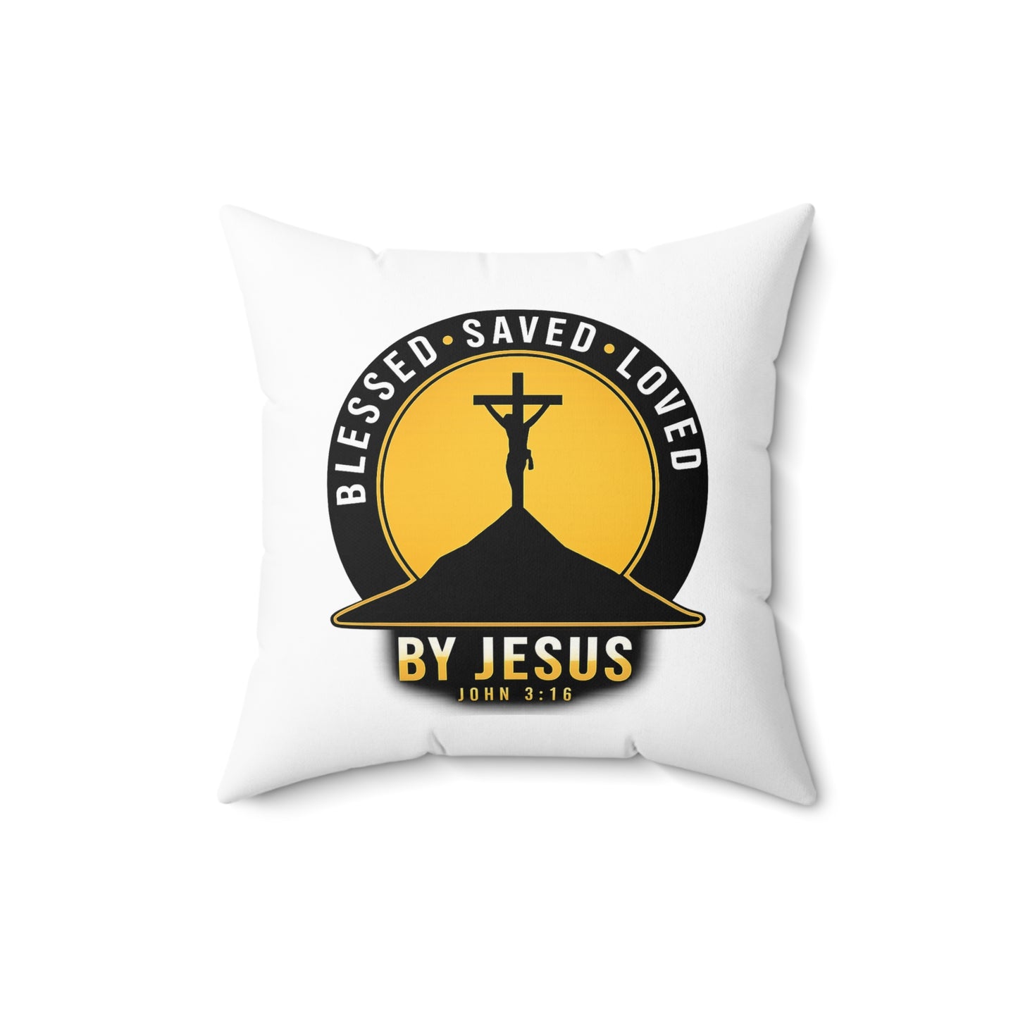 Blessed • Saved • Loved by Jesus Square Pillow — Christian Faith Decor (John 3:16)