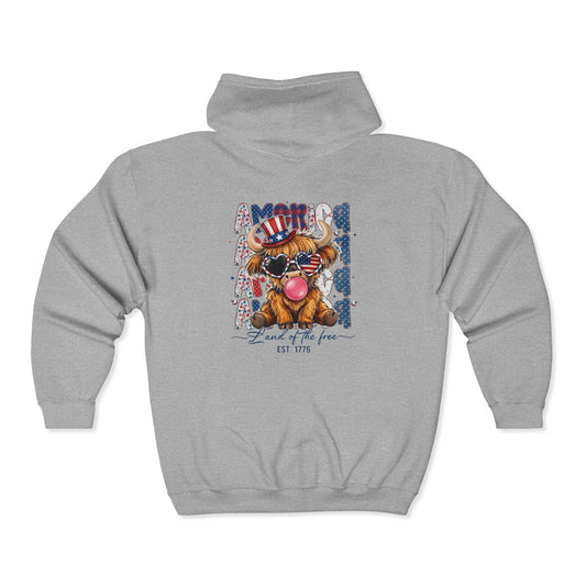 #250 American Flag Bubblegum Patriotic Highland Cow Zip Hoodie