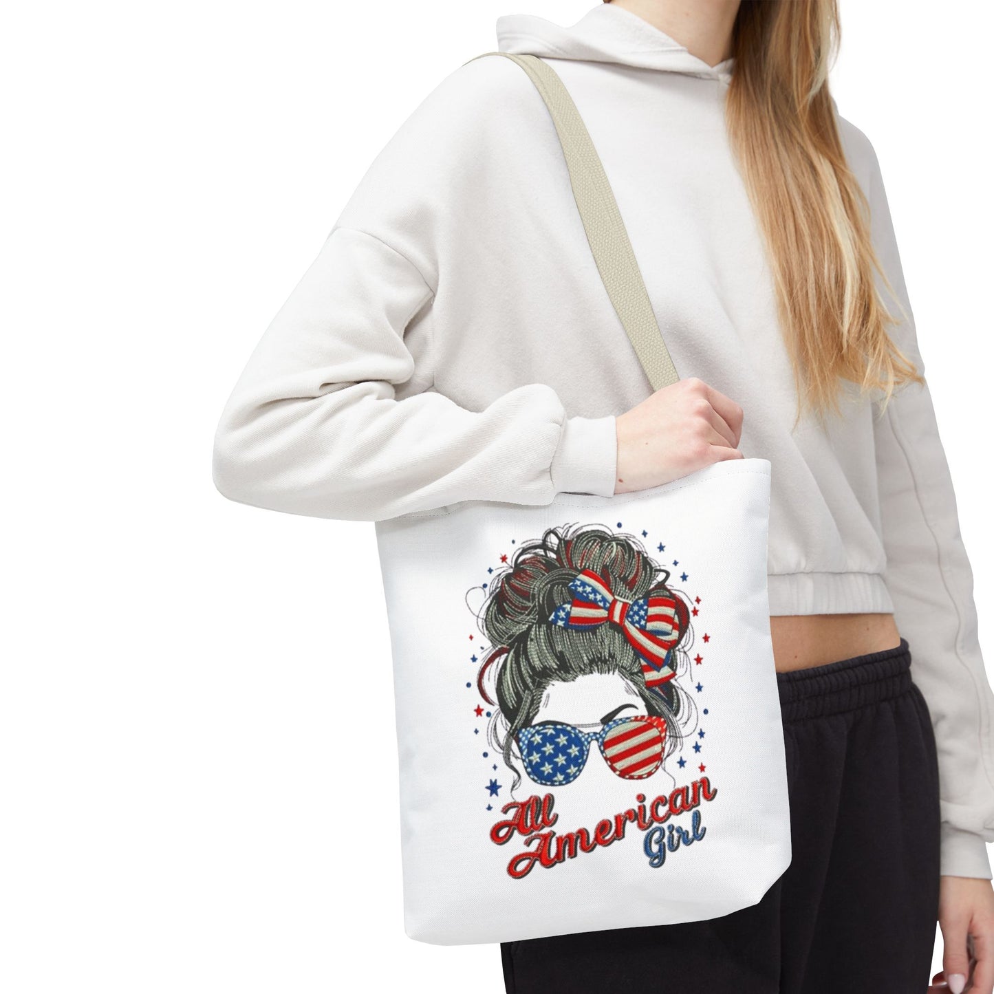 #250 "All American Girl" Patriotic Messy Bun Tote Bag