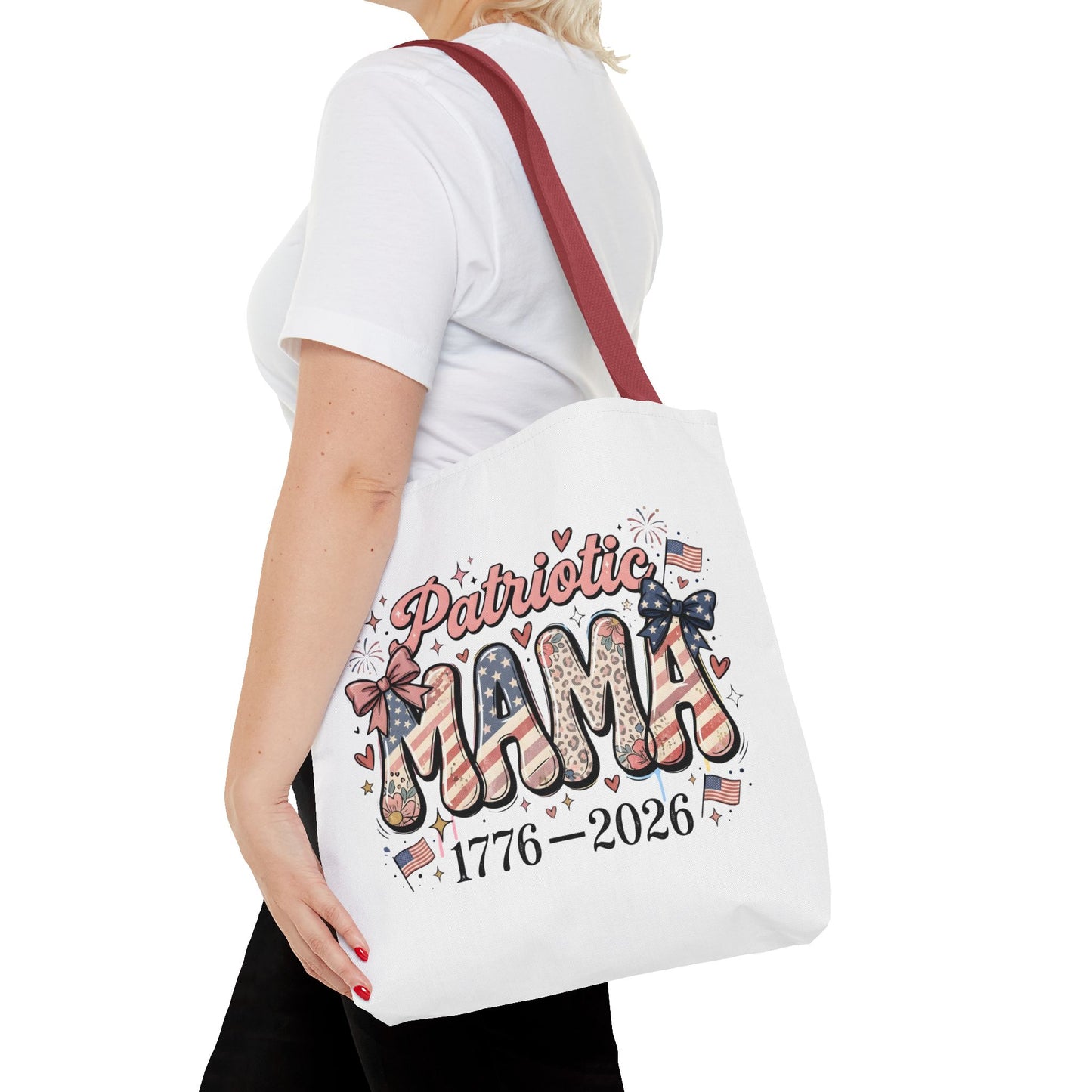 #250 Patriotic Mama 1776–2026 American Flag Tote Bag