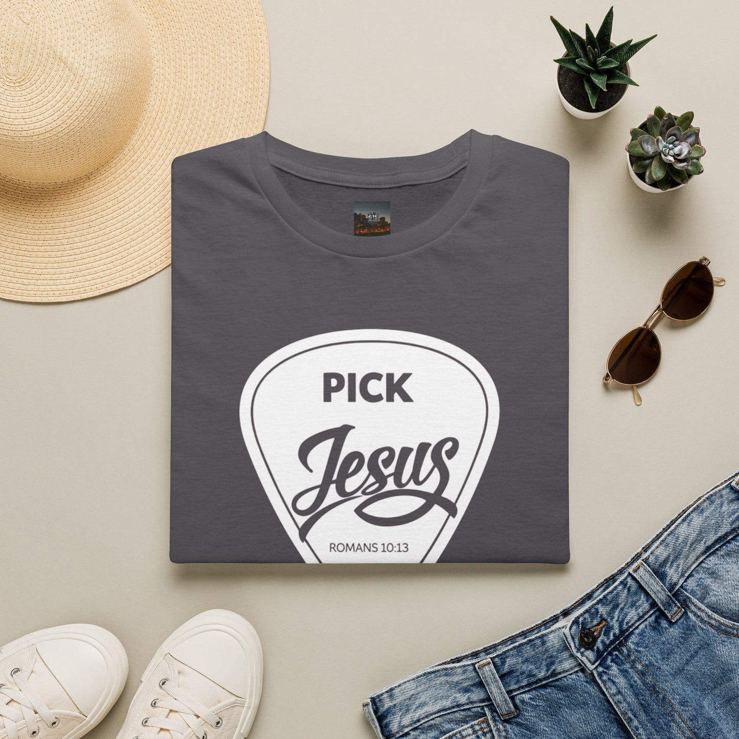 Pick Jesus T-Shirt — Christian Guitar Pick Design (Romans 10:13)