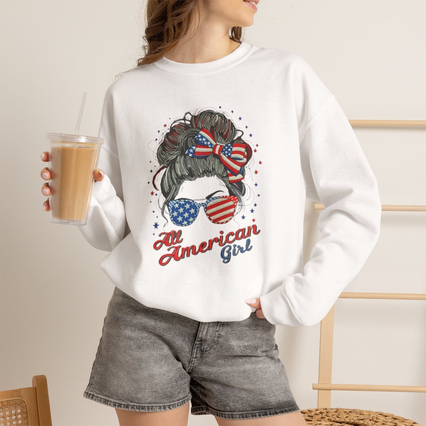 #250 "All American Girl" Patriotic Messy Bun Sweatshirt
