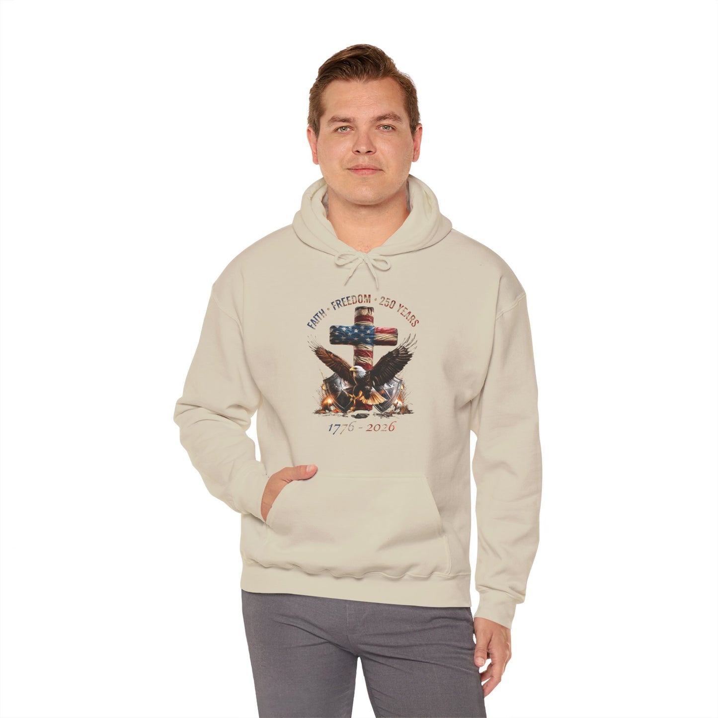 #250 Faith • Freedom 250 Years American Flag Cross & Eagle 1776-2026 Hoodie