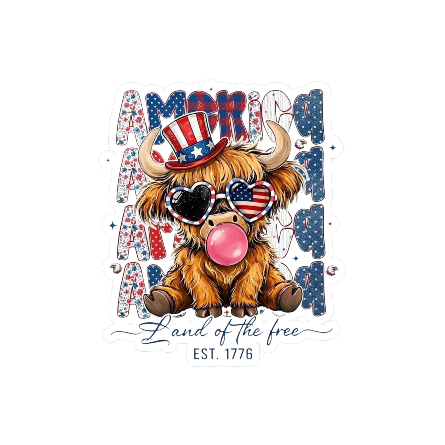#250 American Flag Bubblegum Patriotic Highland Cow Vinyl Sticker Kiss-Cut Decal (Fourth of July)