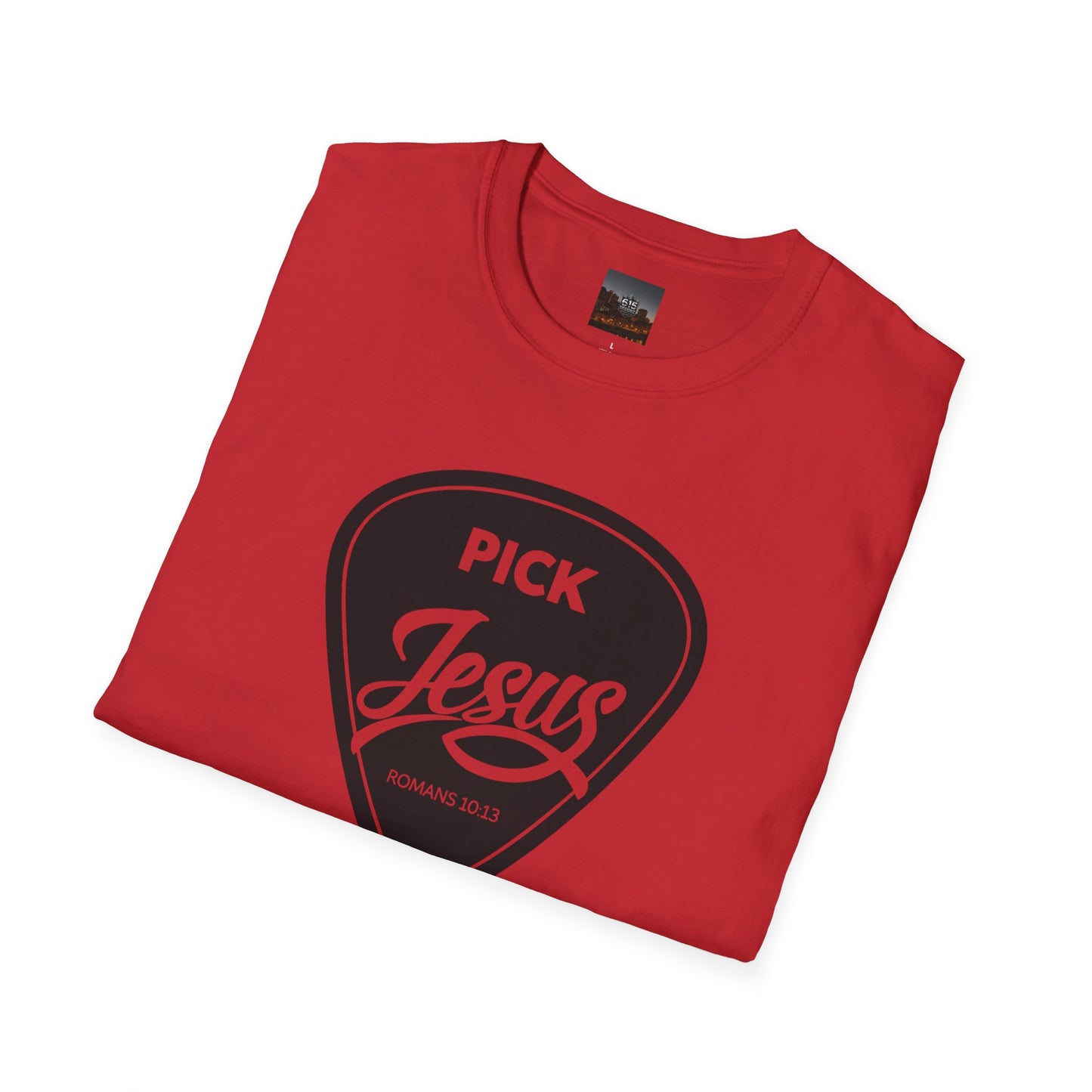 Pick Jesus T-Shirt — Christian Guitar Pick Design (Romans 10:13)