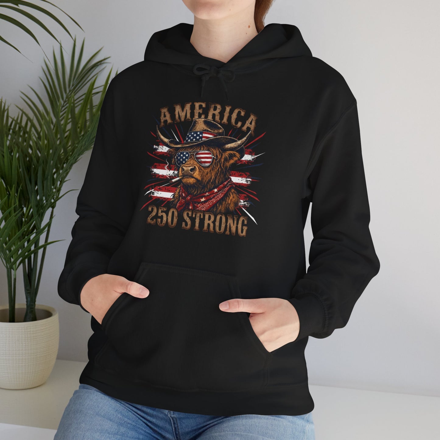 #250 America 250 Strong Patriotic Bull with American Flag Hoodie