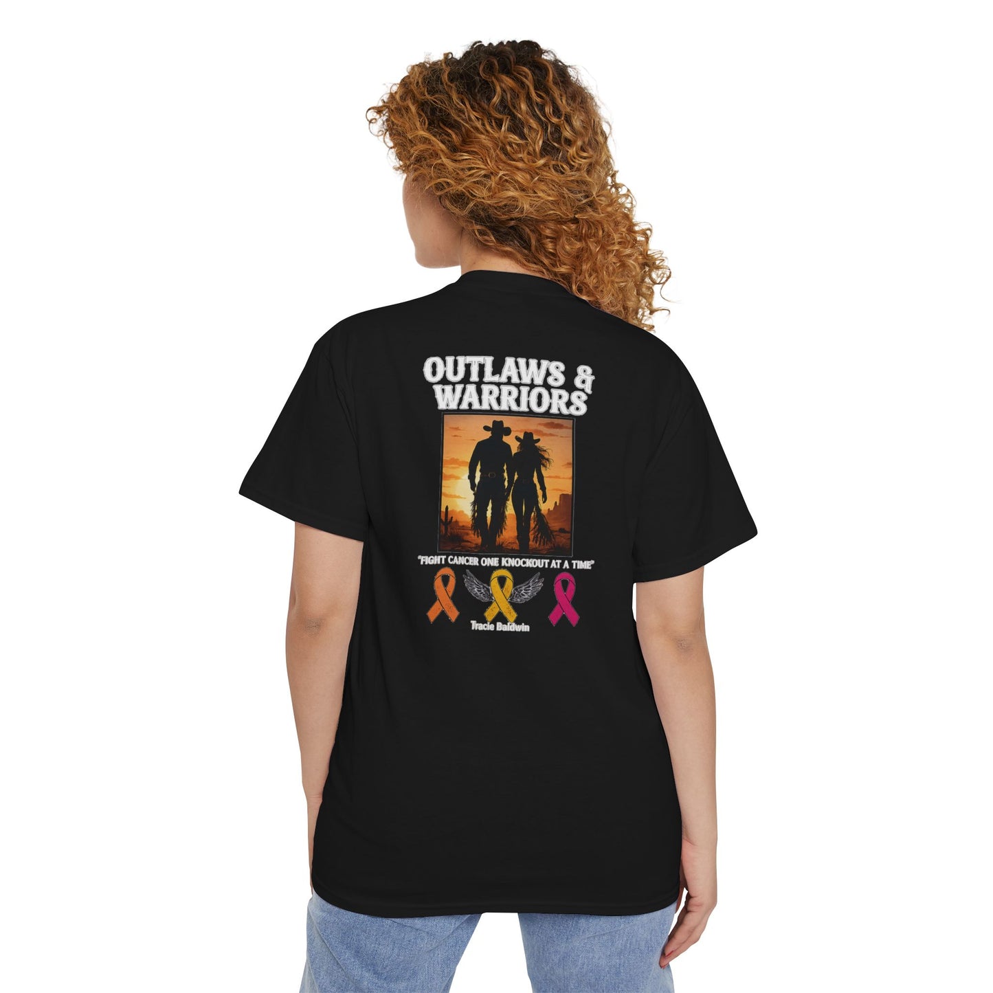 Outlaws & Warriors 100% Cotton Pocket T-Shirt — Minimal Pocket Logo with Graphic On Back