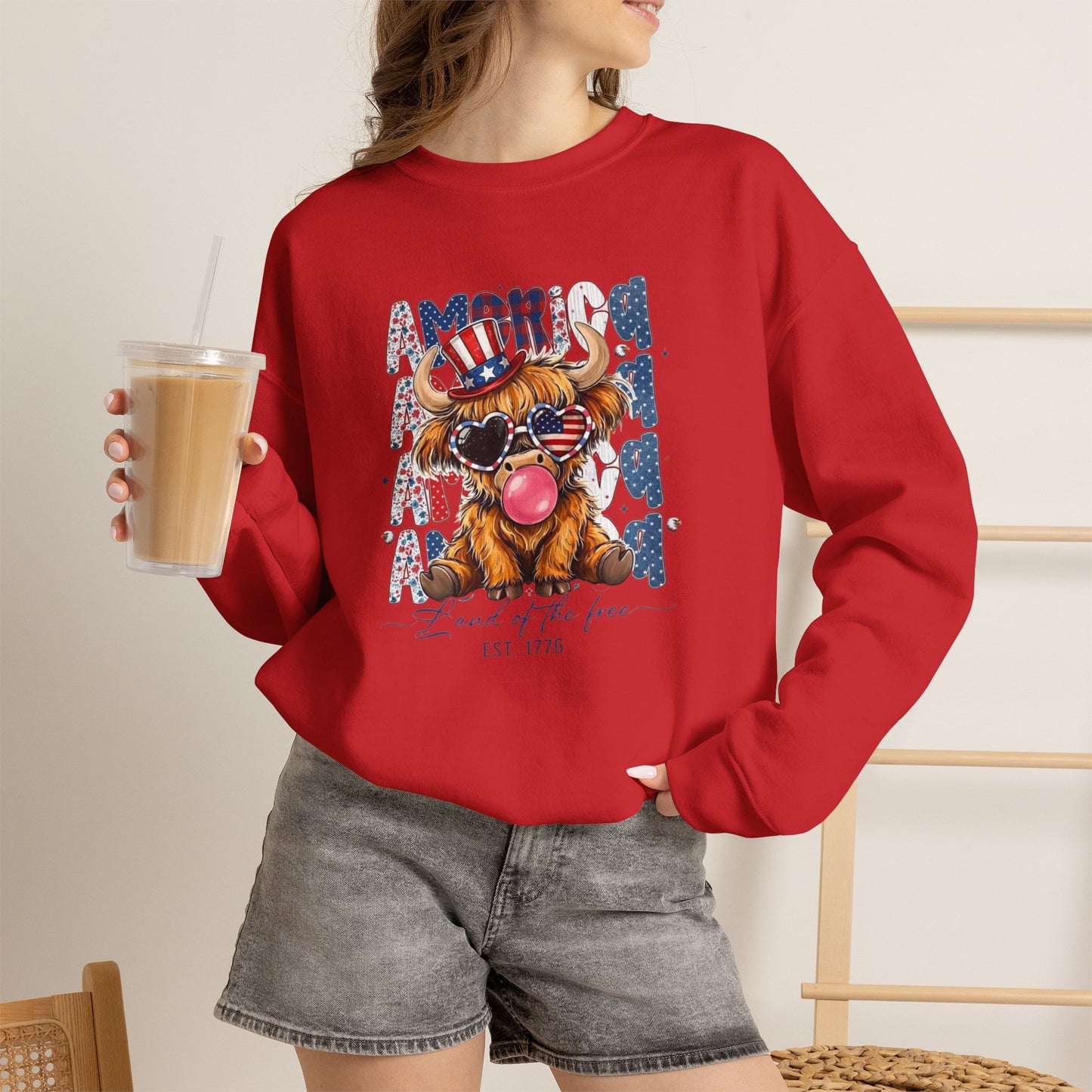 #250 American Flag Bubblegum Patriotic Highland Cow Sweatshirt