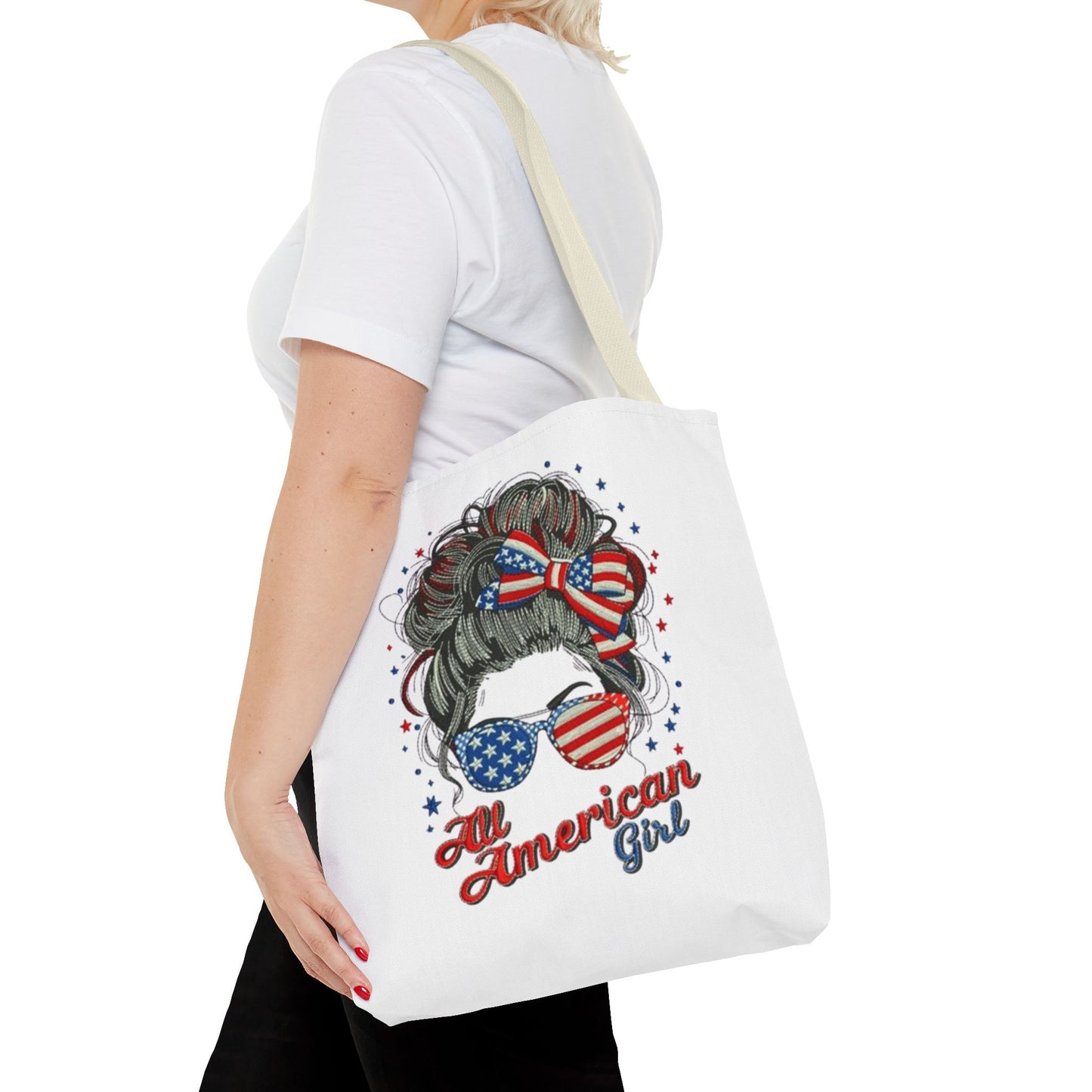 #250 "All American Girl" Patriotic Messy Bun Tote Bag