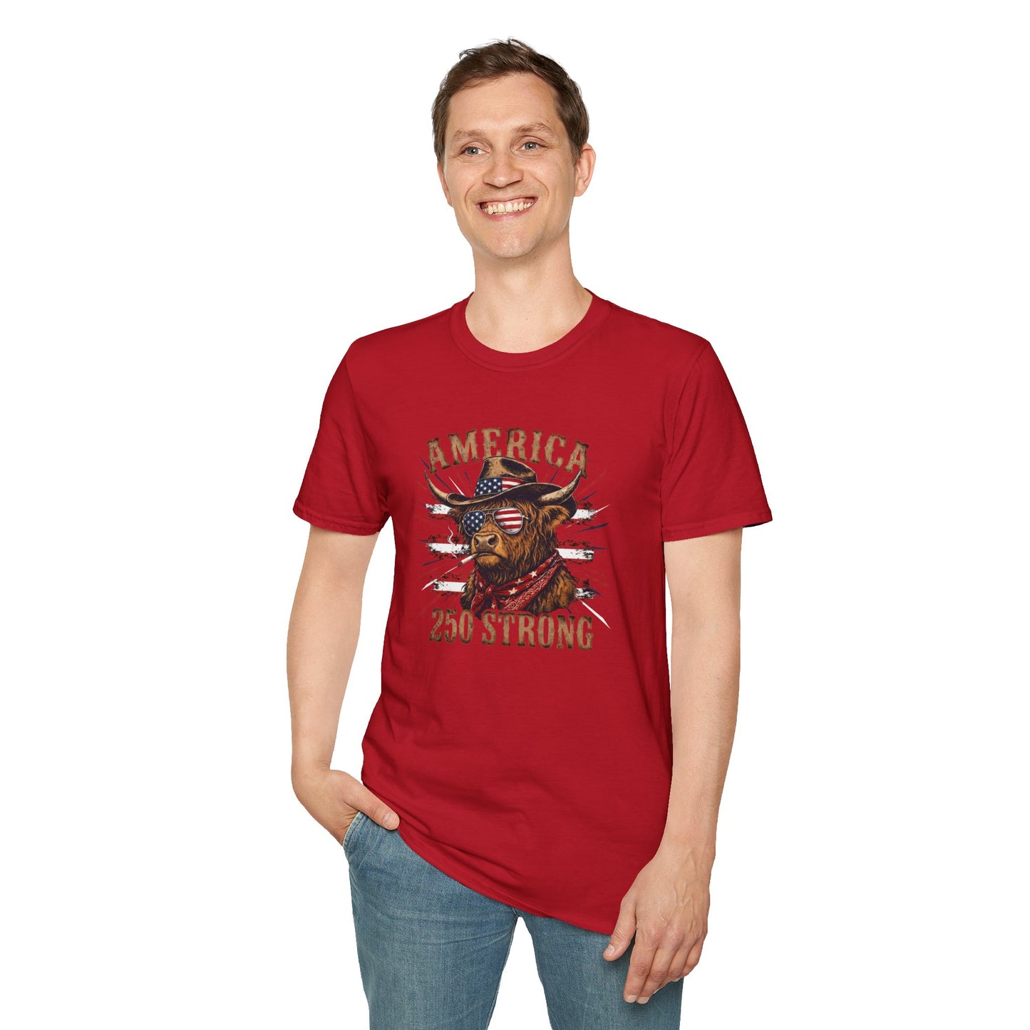 #250 America 250 Strong Patriotic Bull with American Flag T-Shirt