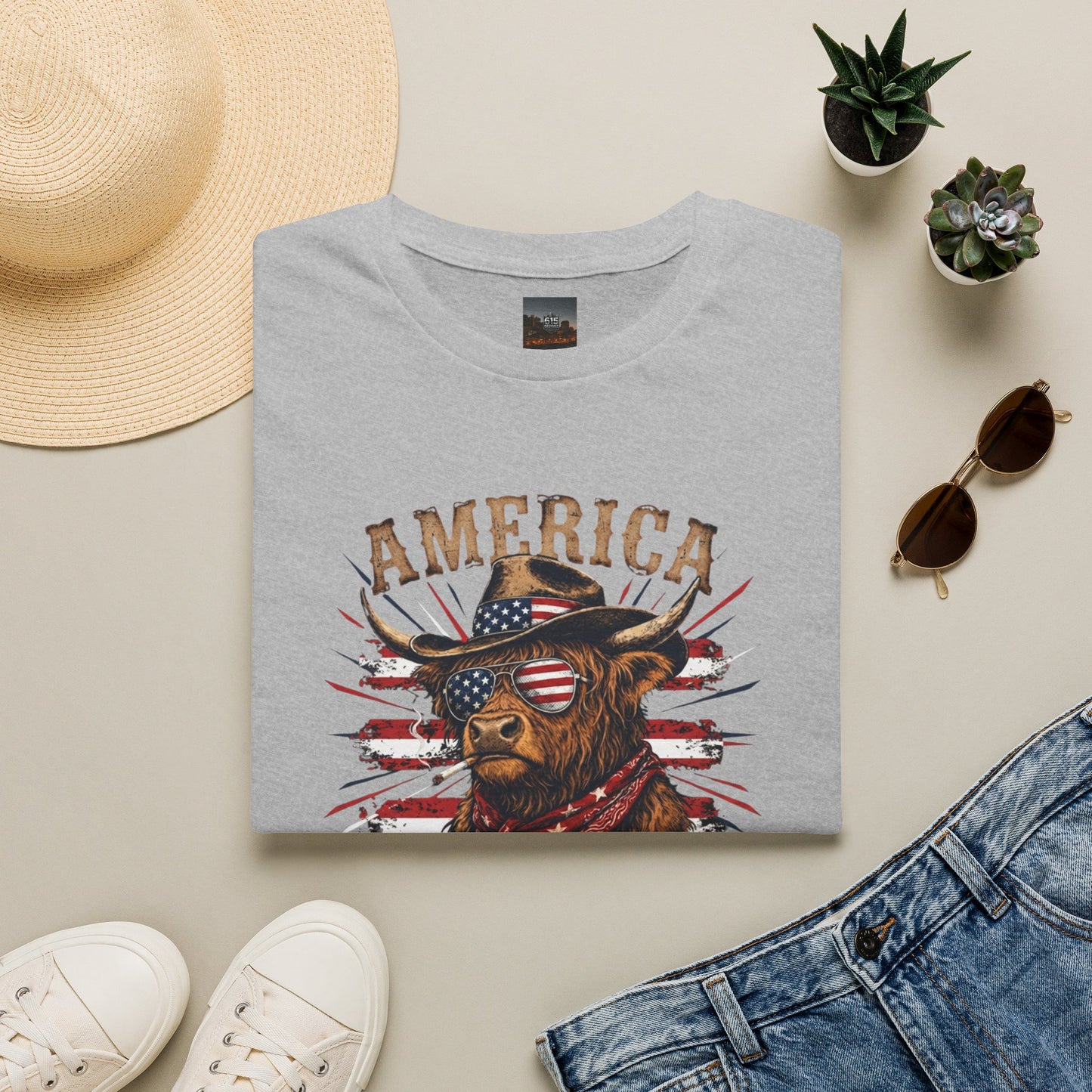 #250 America 250 Strong Patriotic Bull with American Flag T-Shirt