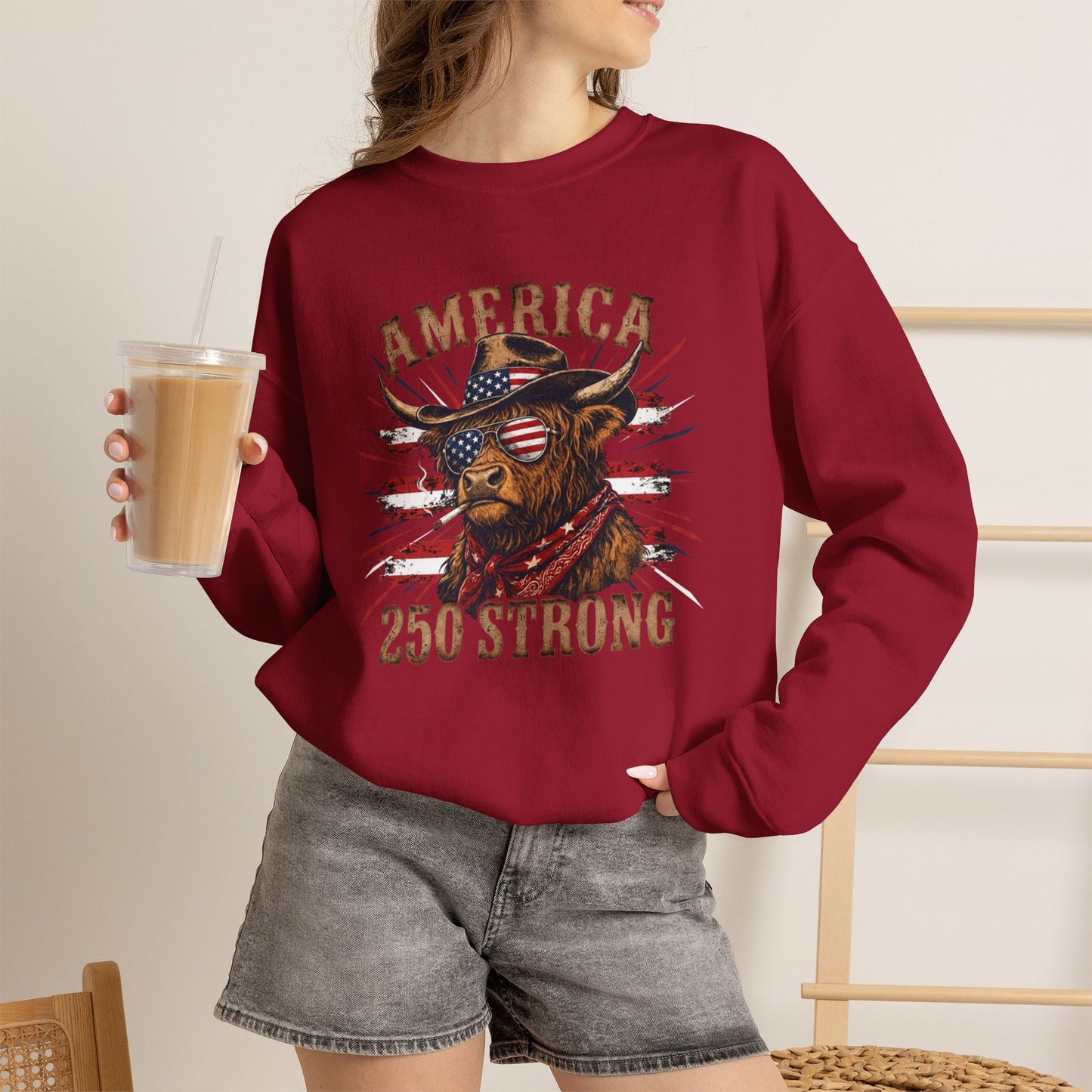 #250 America 250 Strong Patriotic Bull with American Flag Sweatshirt