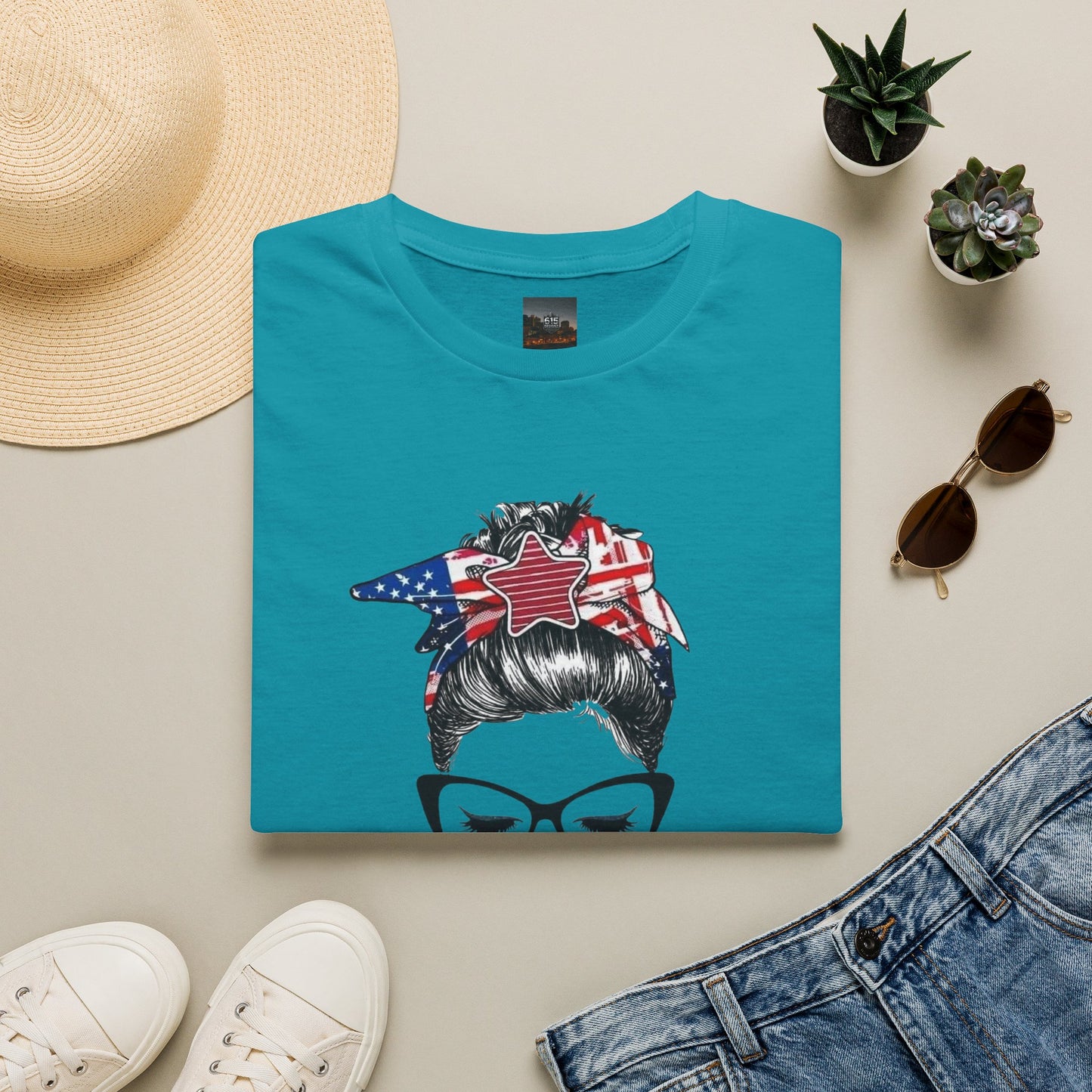 Mama USA Flag Messy Bun T-Shirt