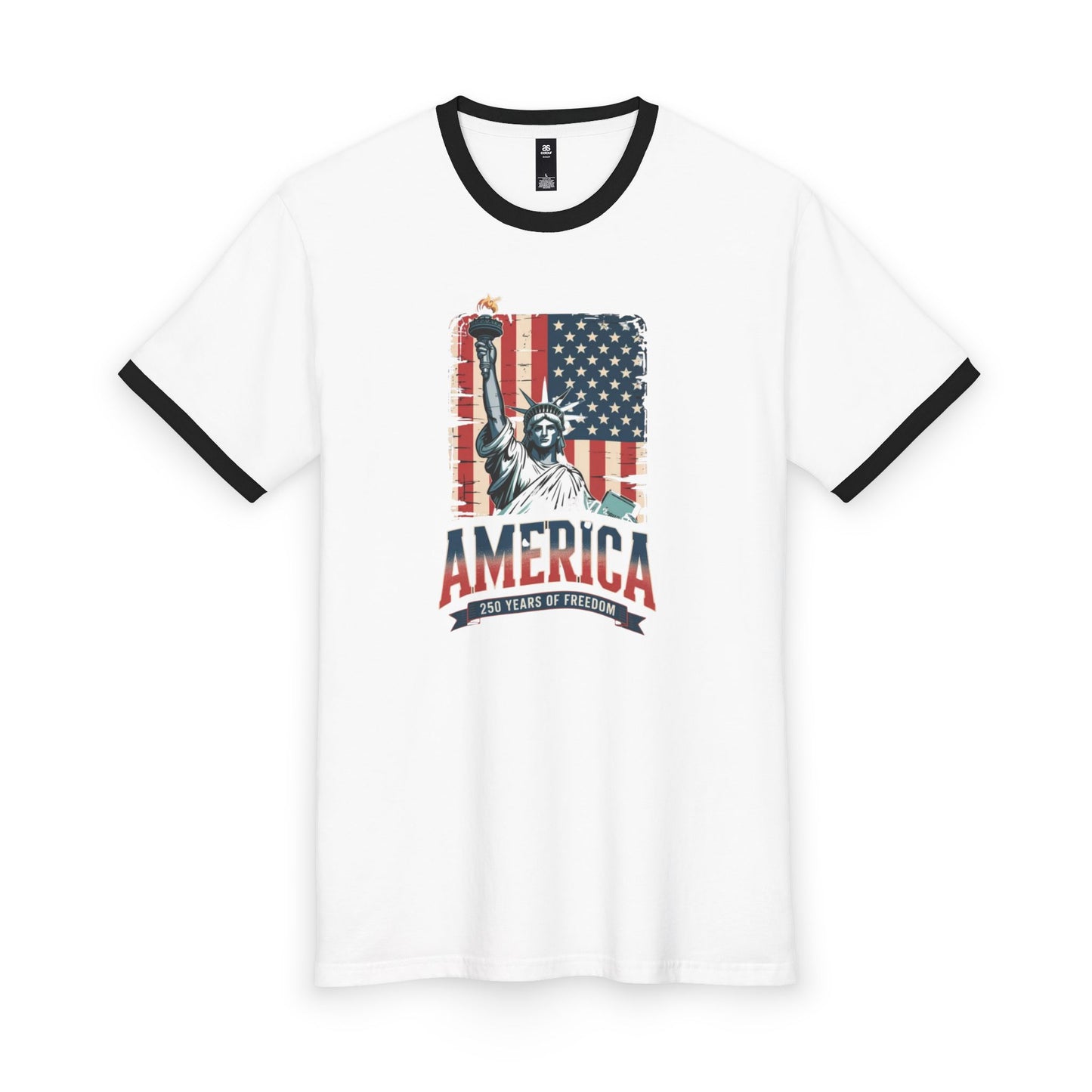 #250 Statue of Liberty American Flag 'America' Patriotic Independence Day Ringer Tee